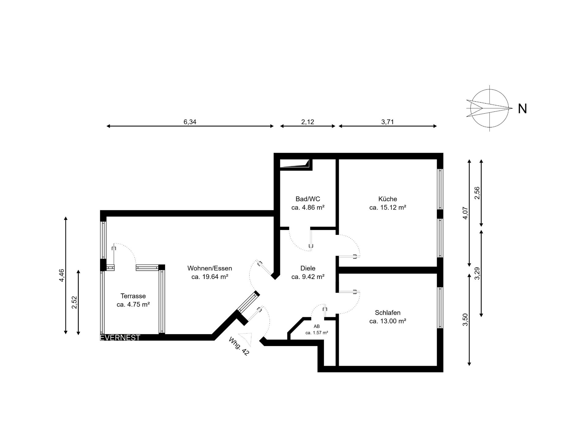 Grundriss mit Terrasse, Wohnzimmer, Küche, Schlafzimmer, Bad und Diele, Maße und Nordpfeil sichtbar.