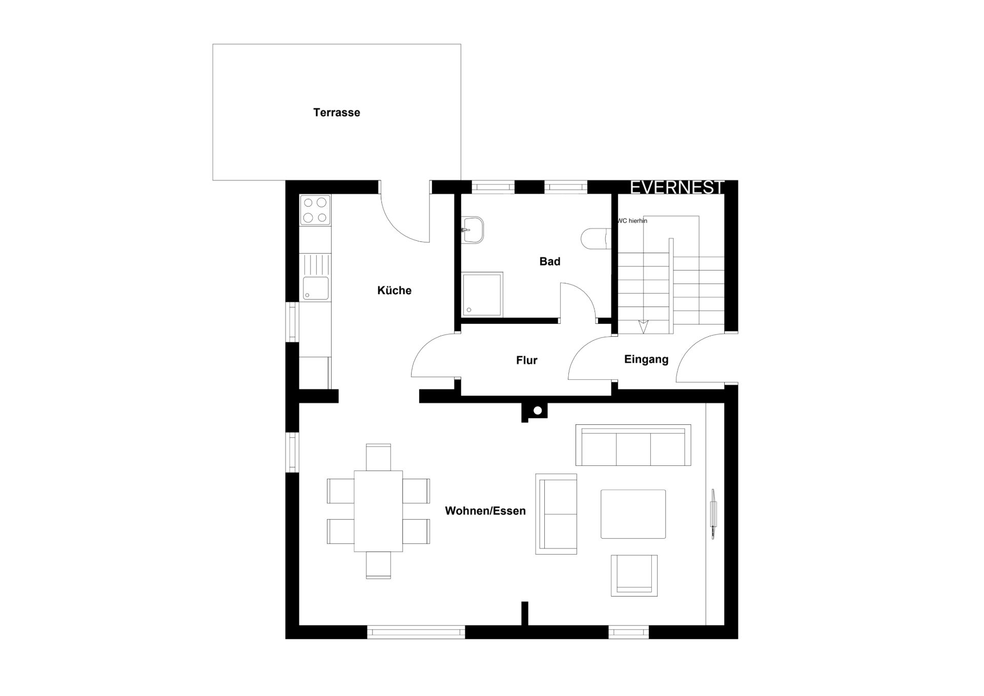 Grundriss eines Wohnhauses mit Küche, Wohn-/Essbereich, Bad, Flur, Eingang und Terrasse.