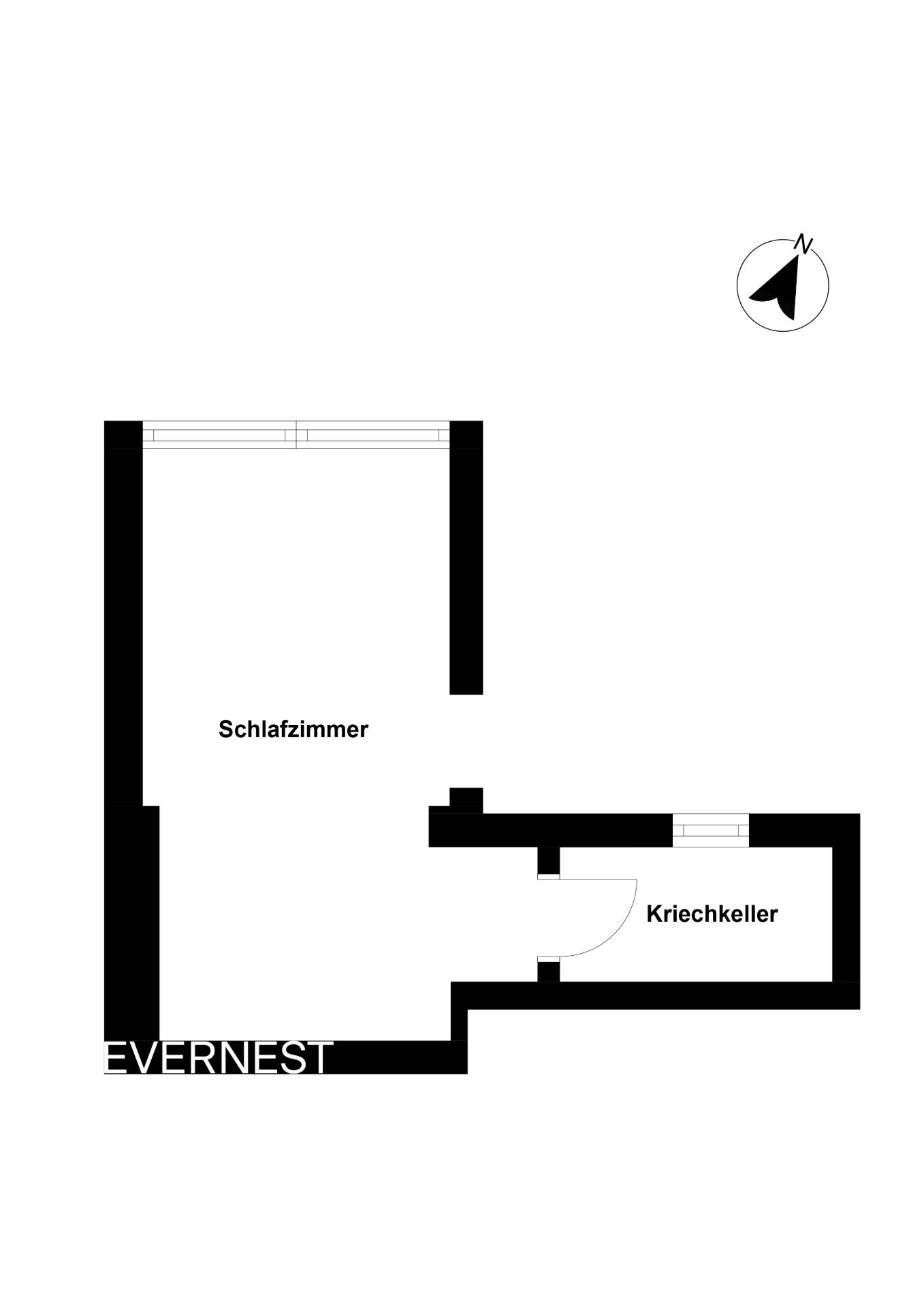 Grundriss mit Schlafzimmer und Kriechkeller, Türen und Außenwände sind markiert.