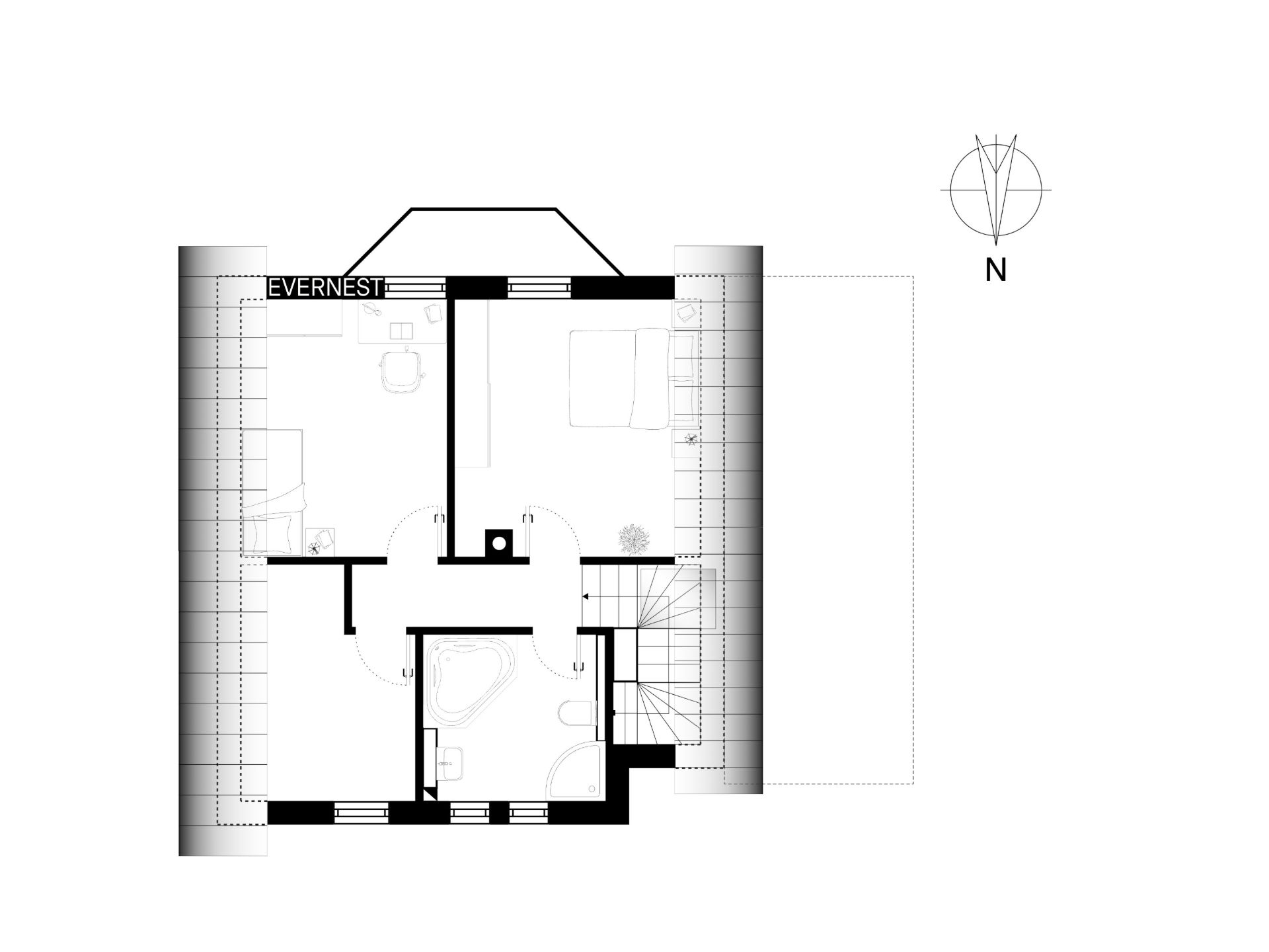 Grundriss eines Obergeschosses mit Schlafzimmer, Bad und Treppe.