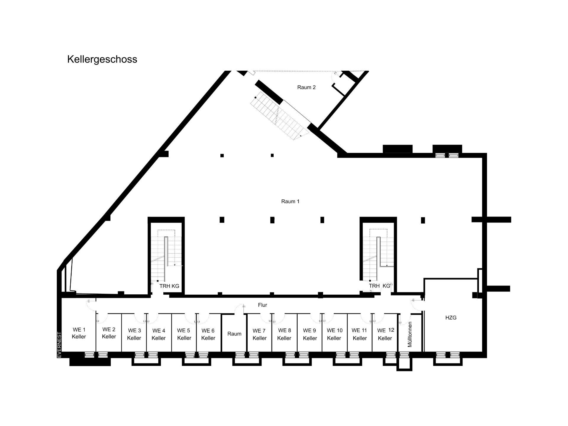 Grundriss eines Kellers mit mehreren Kellerräumen und Flur.