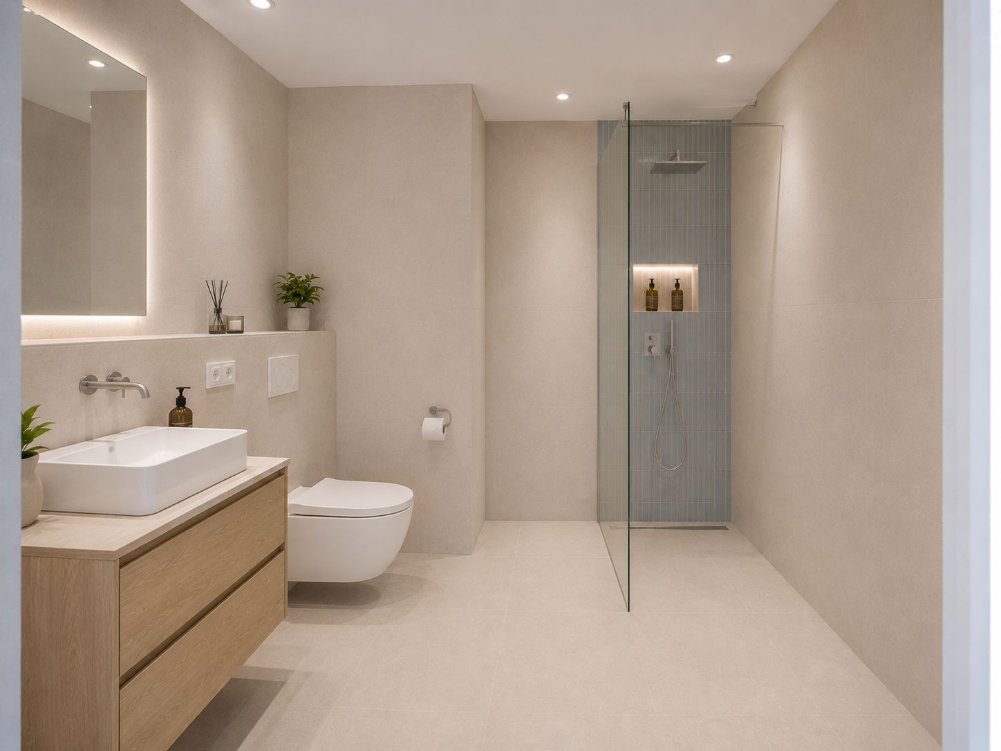 Modernes Badezimmer mit Holzwaschtisch, WC und begehbarer Dusche mit Glaswand.