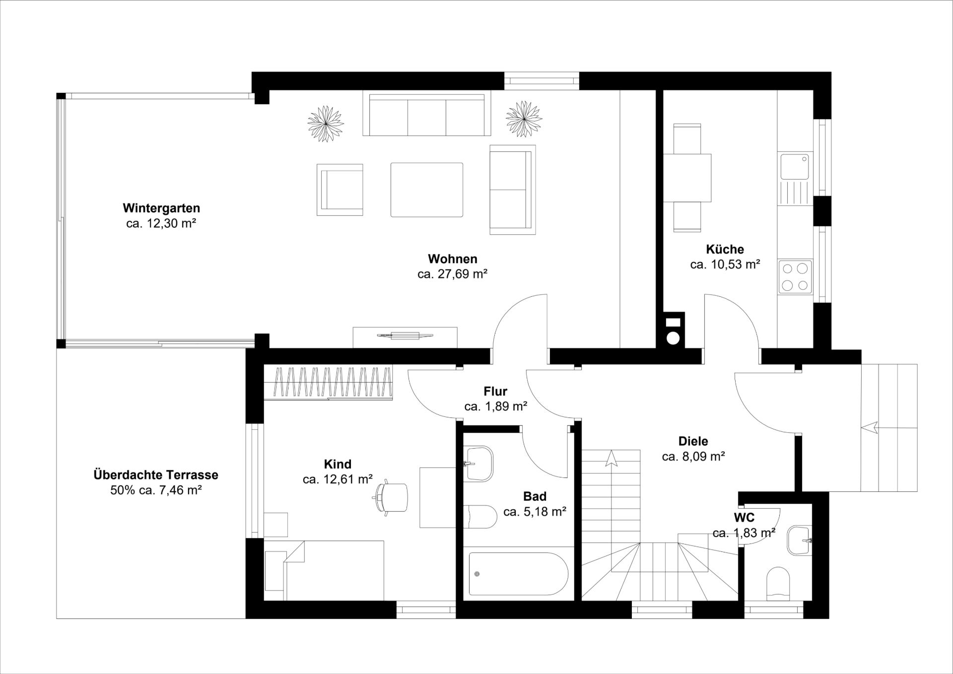 Grundriss einer Wohnung mit Wohnzimmer, Küche, Bad, Gäste-WC, Kindzimmer und Wintergarten.