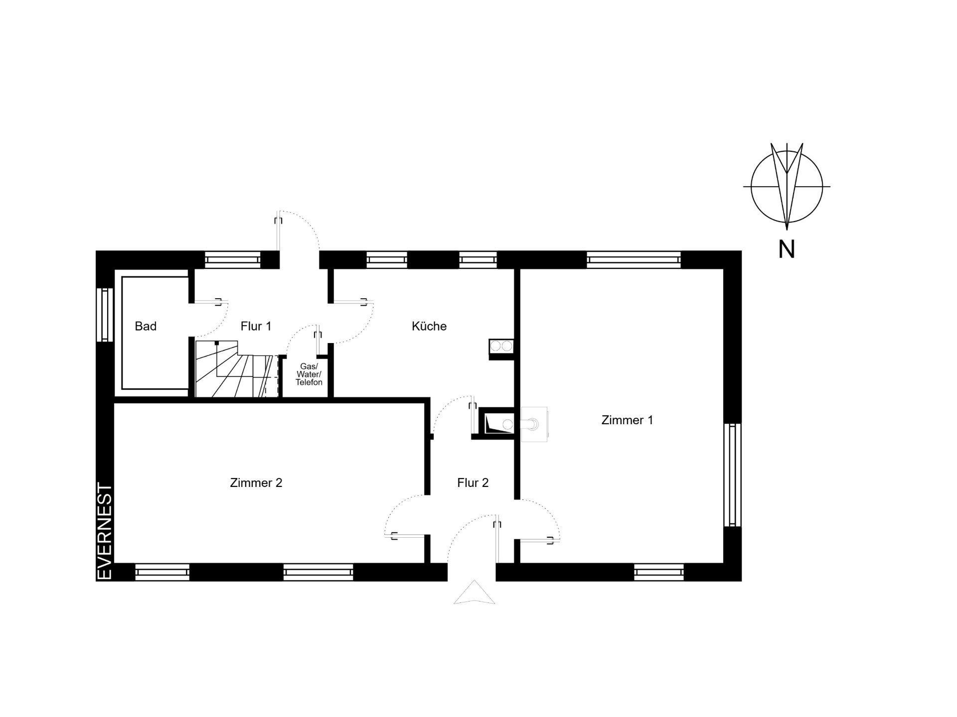 Grundriss mit zwei Zimmern, Küche, Bad und zwei Fluren.