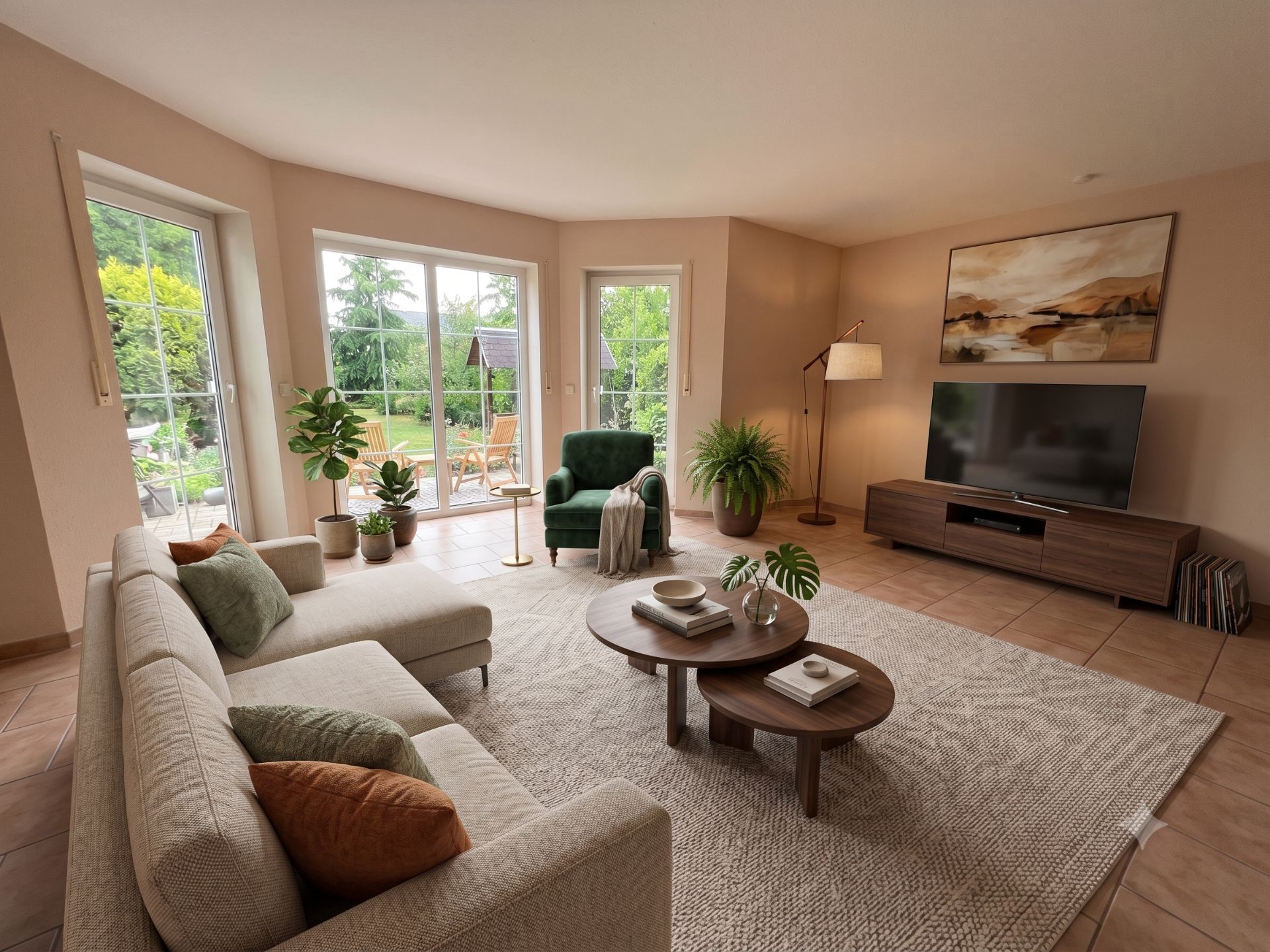Helles Wohnzimmer mit Sofa, Sessel, Couchtisch, Fernseher und großen Fenstern zum Garten.