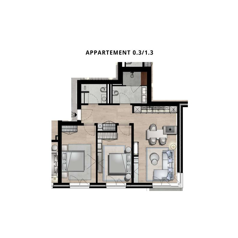 Grundriss einer Wohnung mit Schlafzimmer, Wohnzimmer, Küche und zwei Bädern.