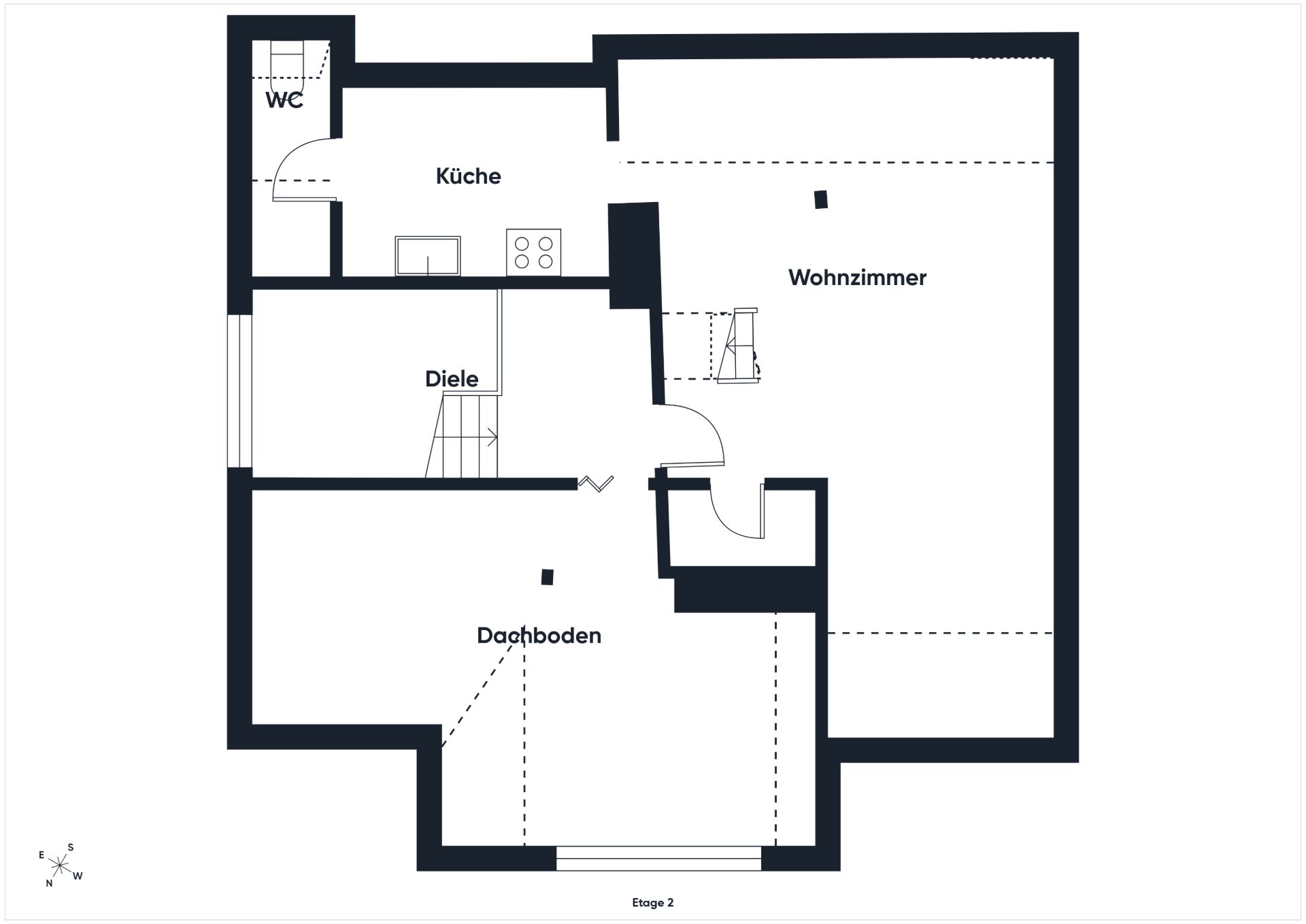 Grundriss mit Wohnzimmer, Küche, WC, Diele und Dachboden.