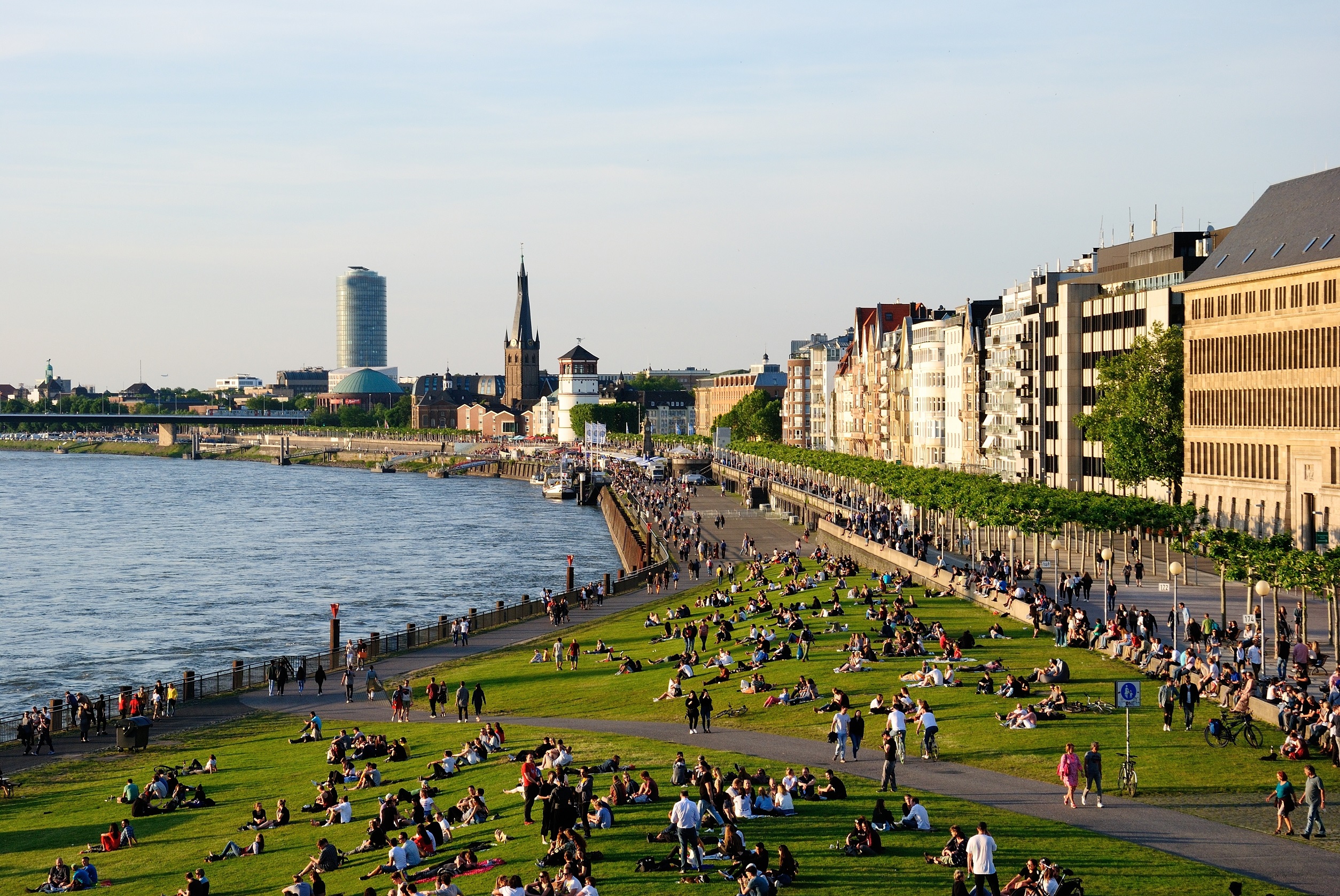 Viele Menschen sitzen und liegen auf einer grünen Wiese am Fluss, mit Stadthäusern im Hintergrund.