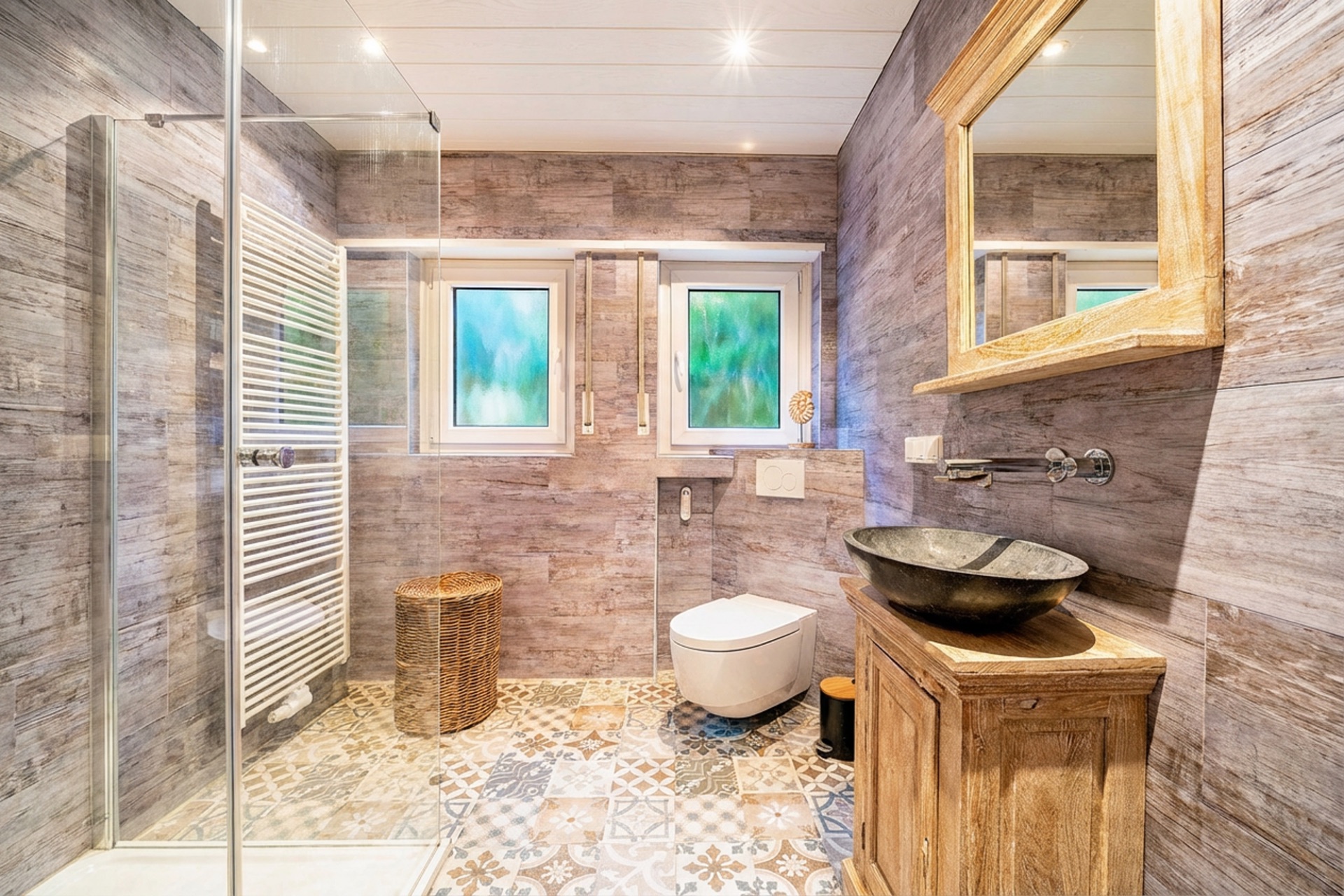 Modernes Badezimmer mit Dusche, Waschbecken, Toilette und Fenster, Holz- und Fliesenoptik.