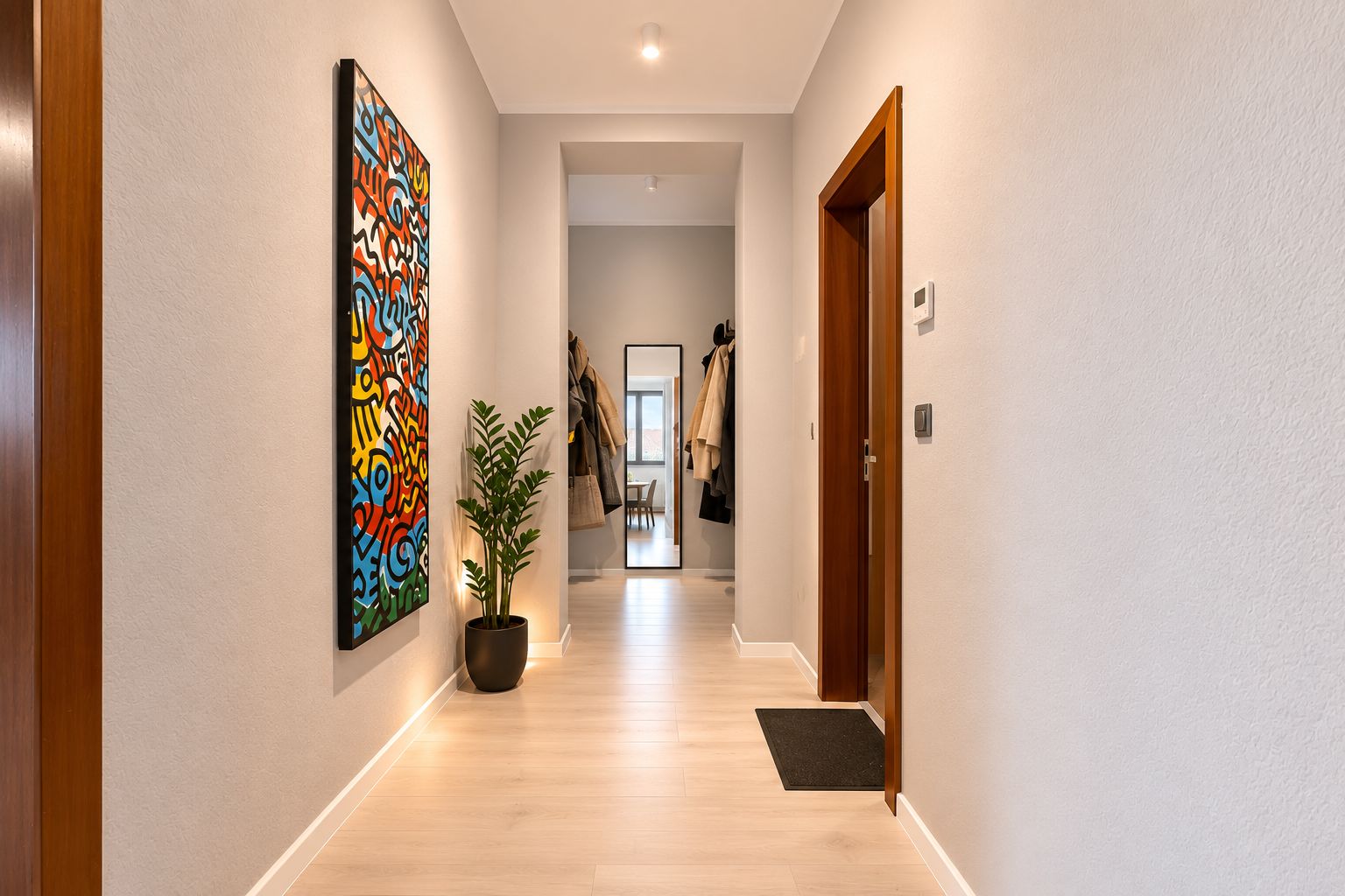 Heller Flur mit buntem Bild, Zimmerpflanze und Garderobe im Hintergrund.