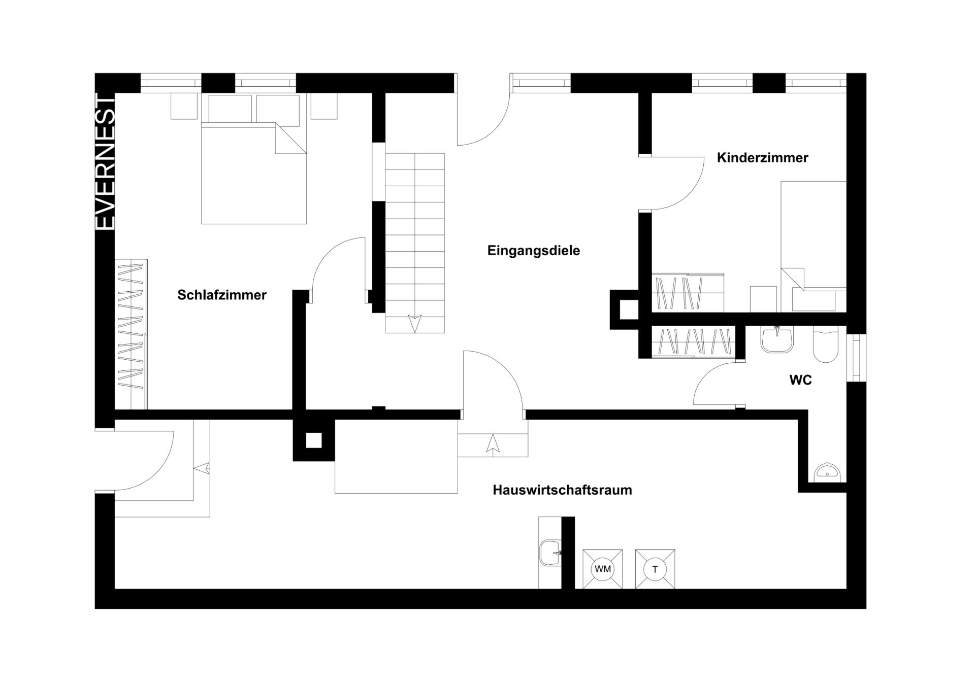 Grundriss mit Schlafzimmer, Kinderzimmer, Eingangsbereich, WC und Hauswirtschaftsraum.