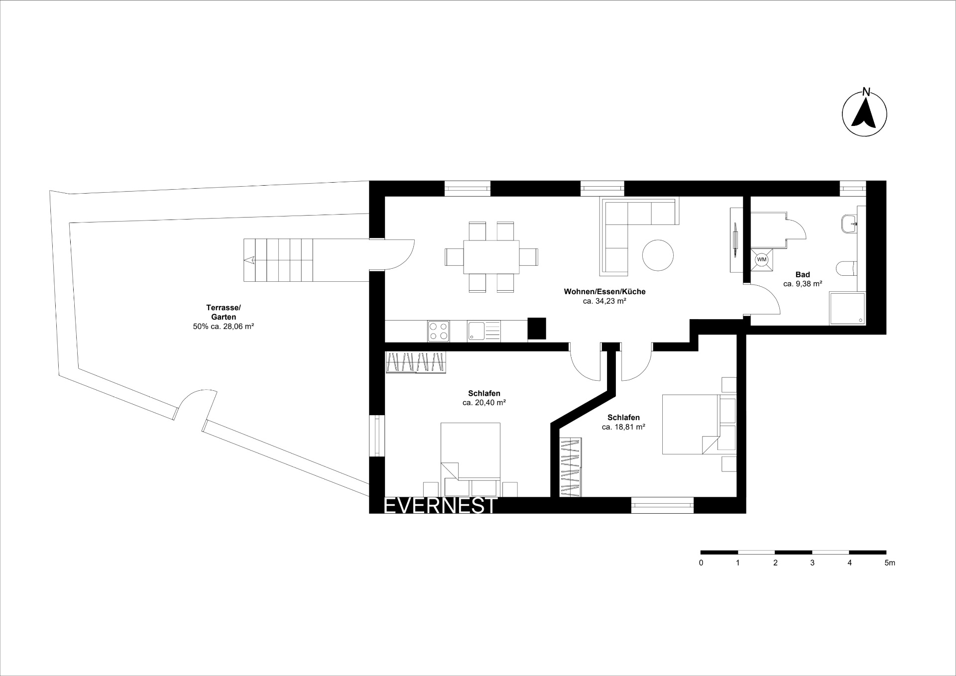 Grundriss einer Wohnung mit zwei Schlafzimmern, Wohnküche, Bad und Terrasse.