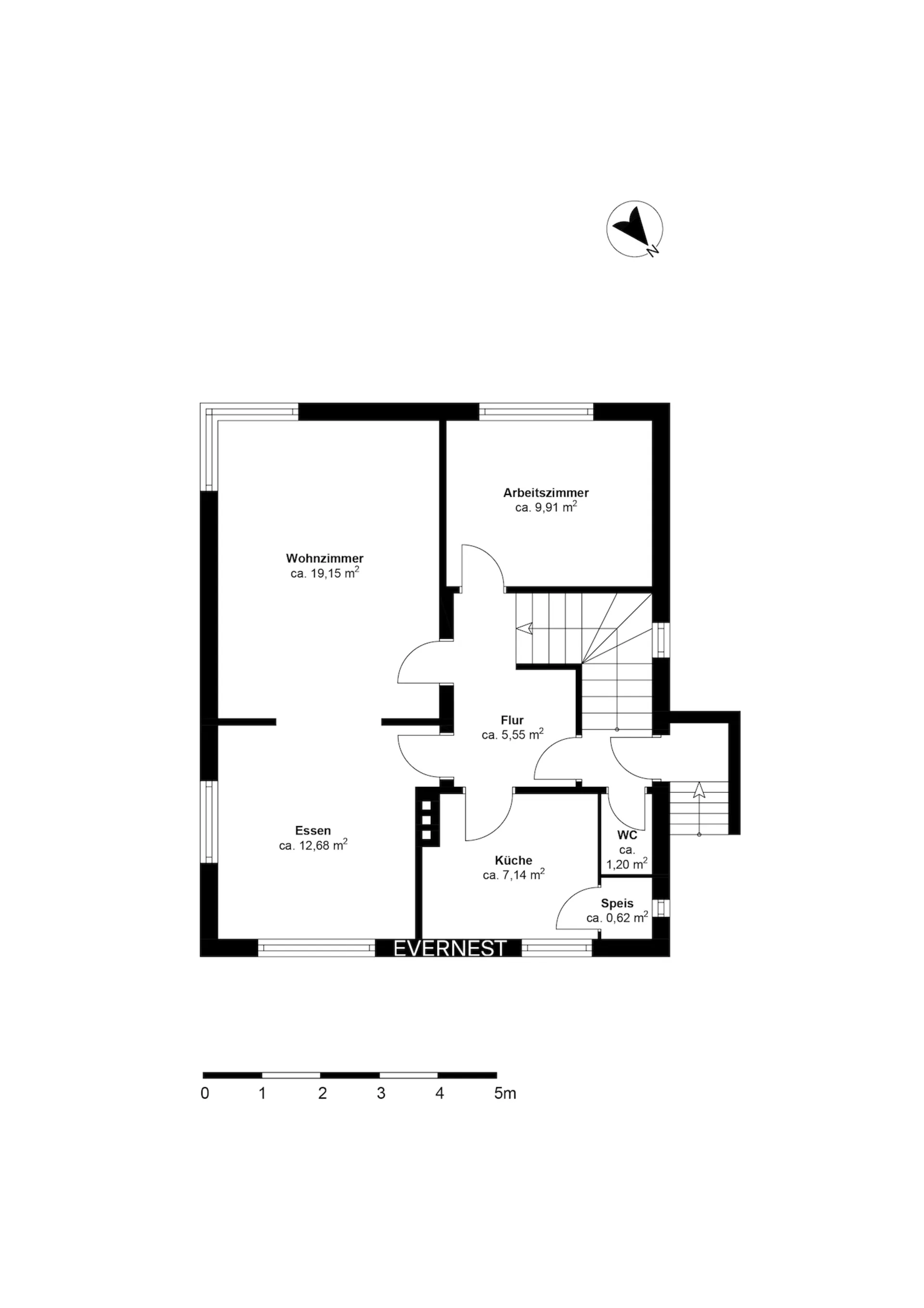 Grundriss eines Wohnhauses mit Wohnzimmer, Esszimmer, Küche, WC, Flur, Arbeitszimmer und Speisekammer.