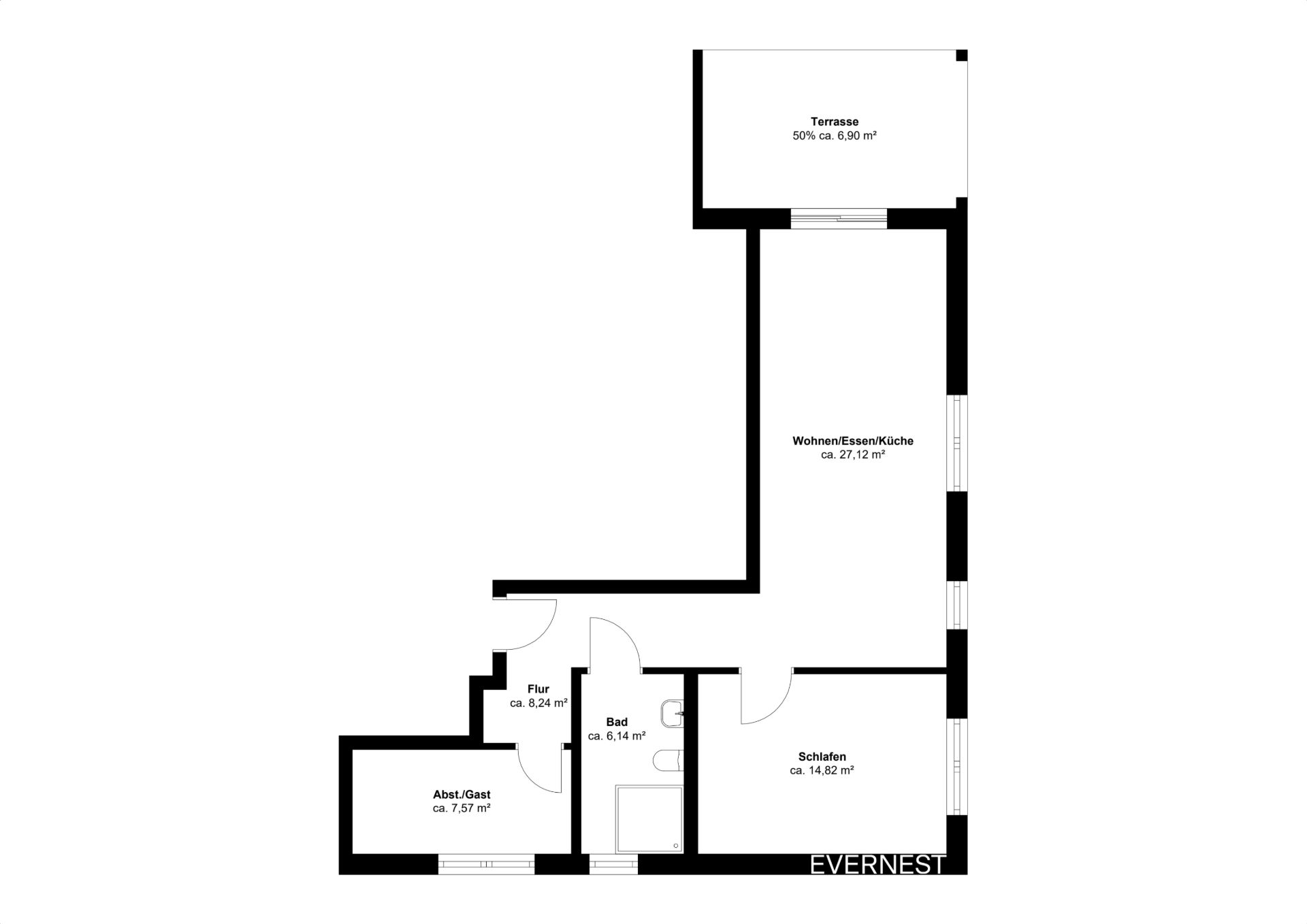 Grundriss einer Wohnung mit Terrasse, Wohnbereich, Schlafzimmer, Bad und Abstellraum.