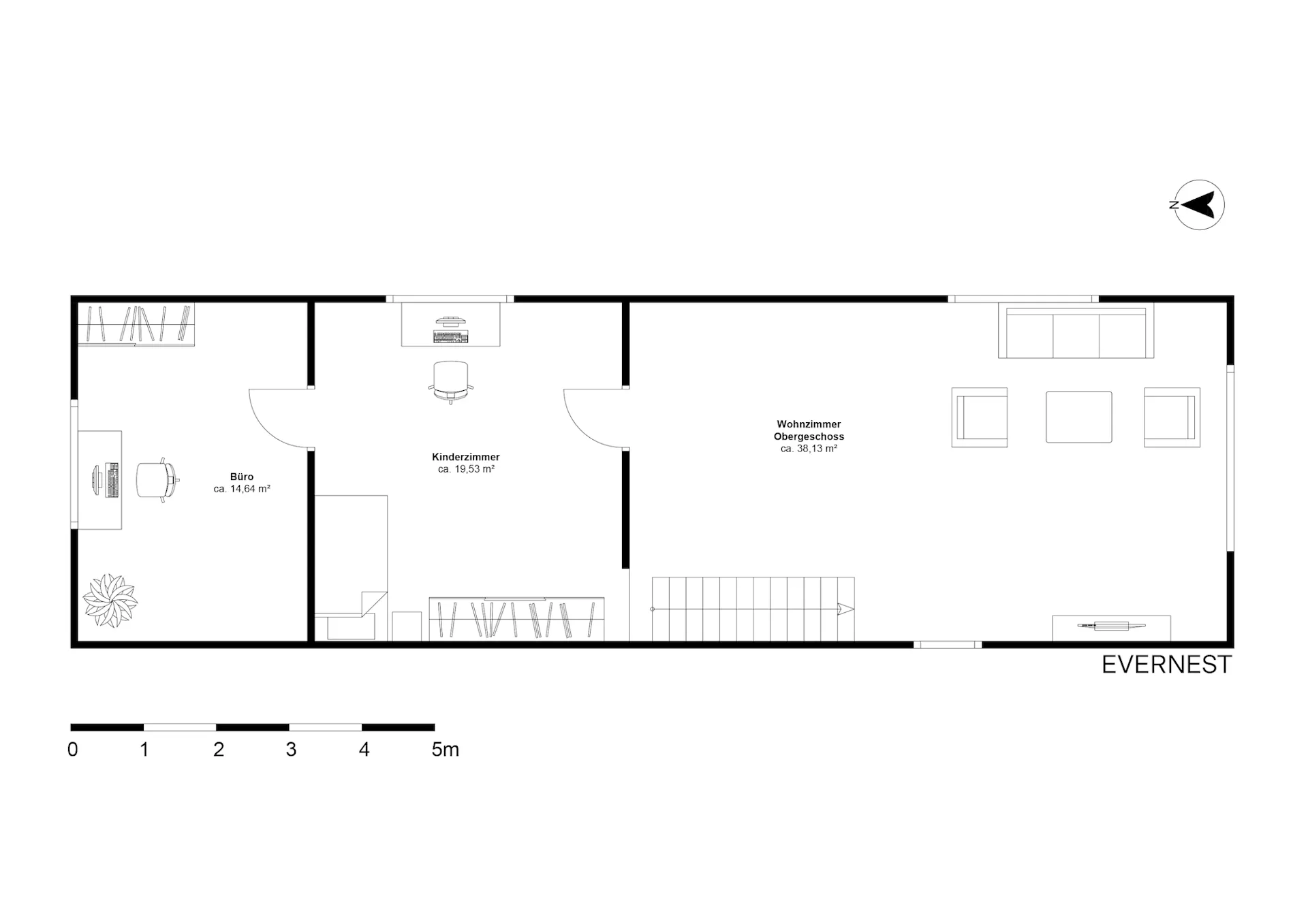 Grundriss mit Büro, Kinderzimmer und Wohnzimmer, Möbel und Treppe sind eingezeichnet.