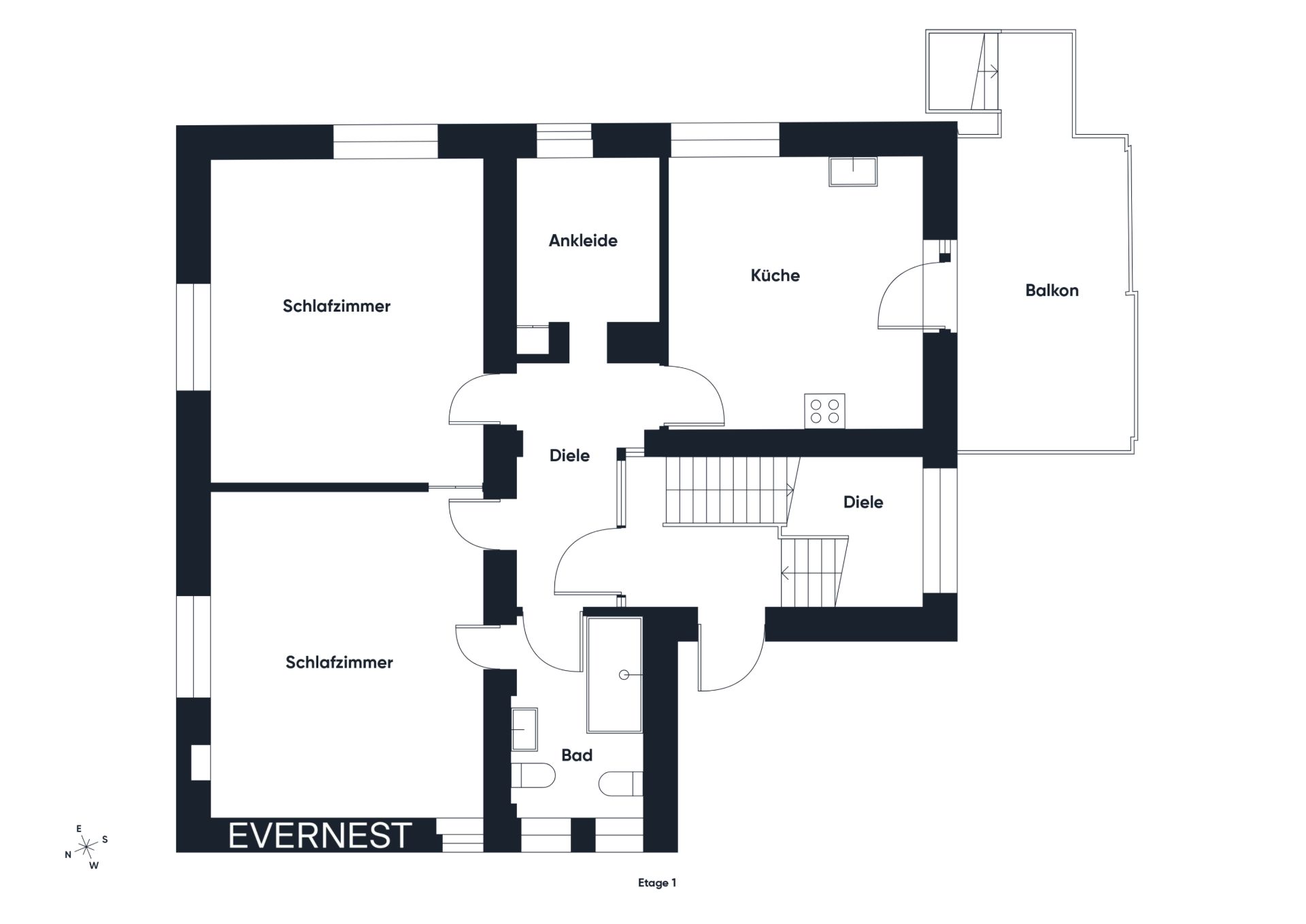 Grundriss mit zwei Schlafzimmern, Bad, Küche, Ankleide, Diele und Balkon.
