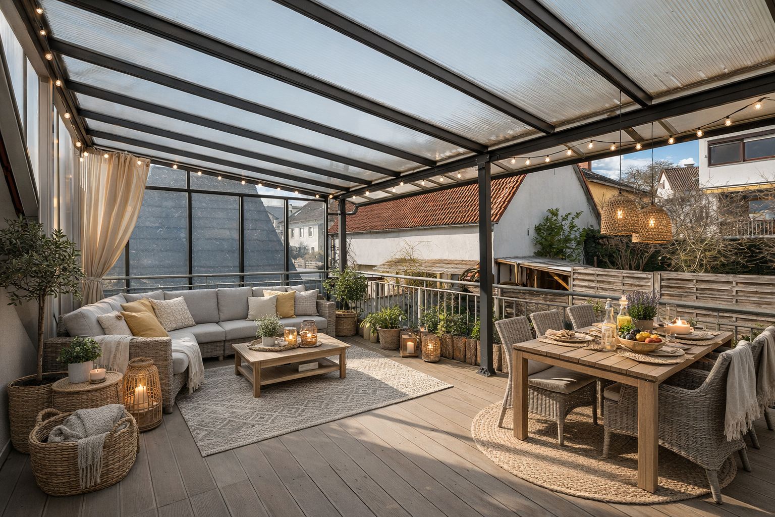 Überdachte Terrasse mit Sofa, Esstisch, Teppichen und Lichterketten, umgeben von Pflanzen.