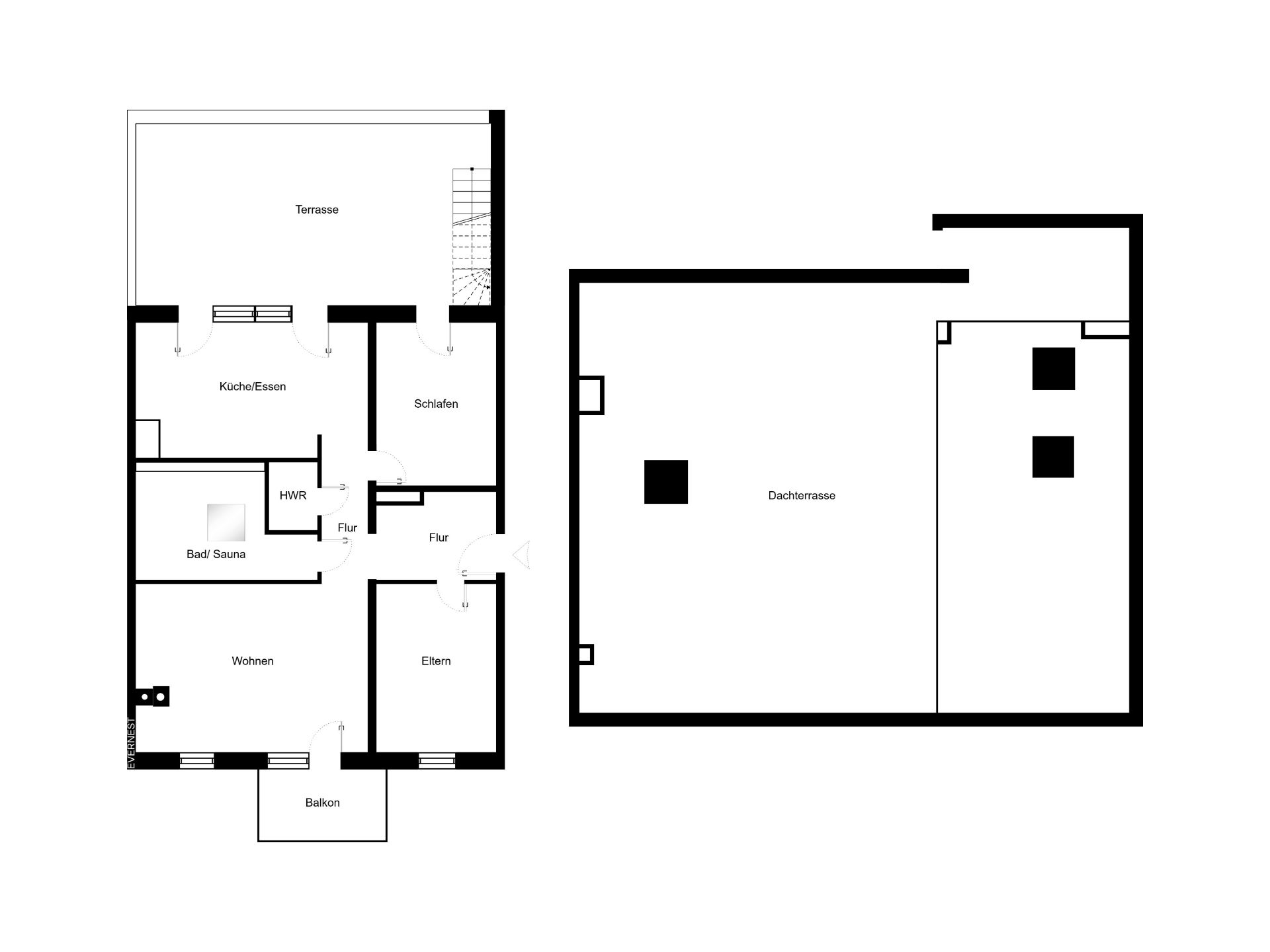 Grundriss einer Wohnung mit Küche, Wohnzimmer, Schlafzimmer, Bad, Terrasse und Balkon.