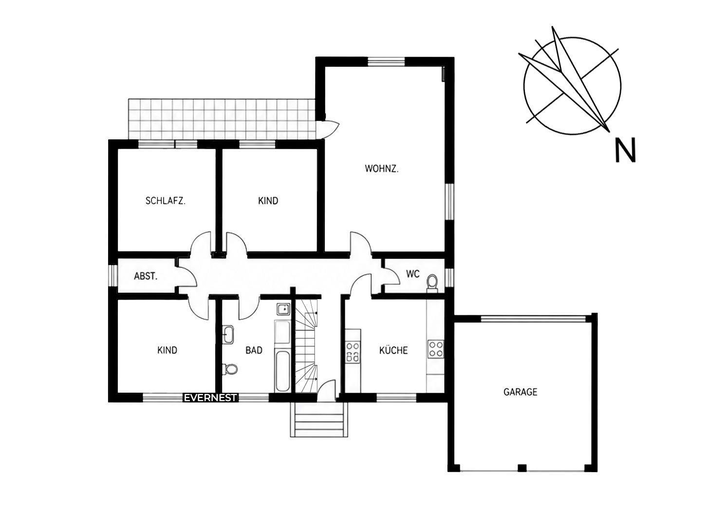 Grundriss eines Hauses mit Schlafzimmern, Wohnzimmer, Bad, Küche, WC und Garage.