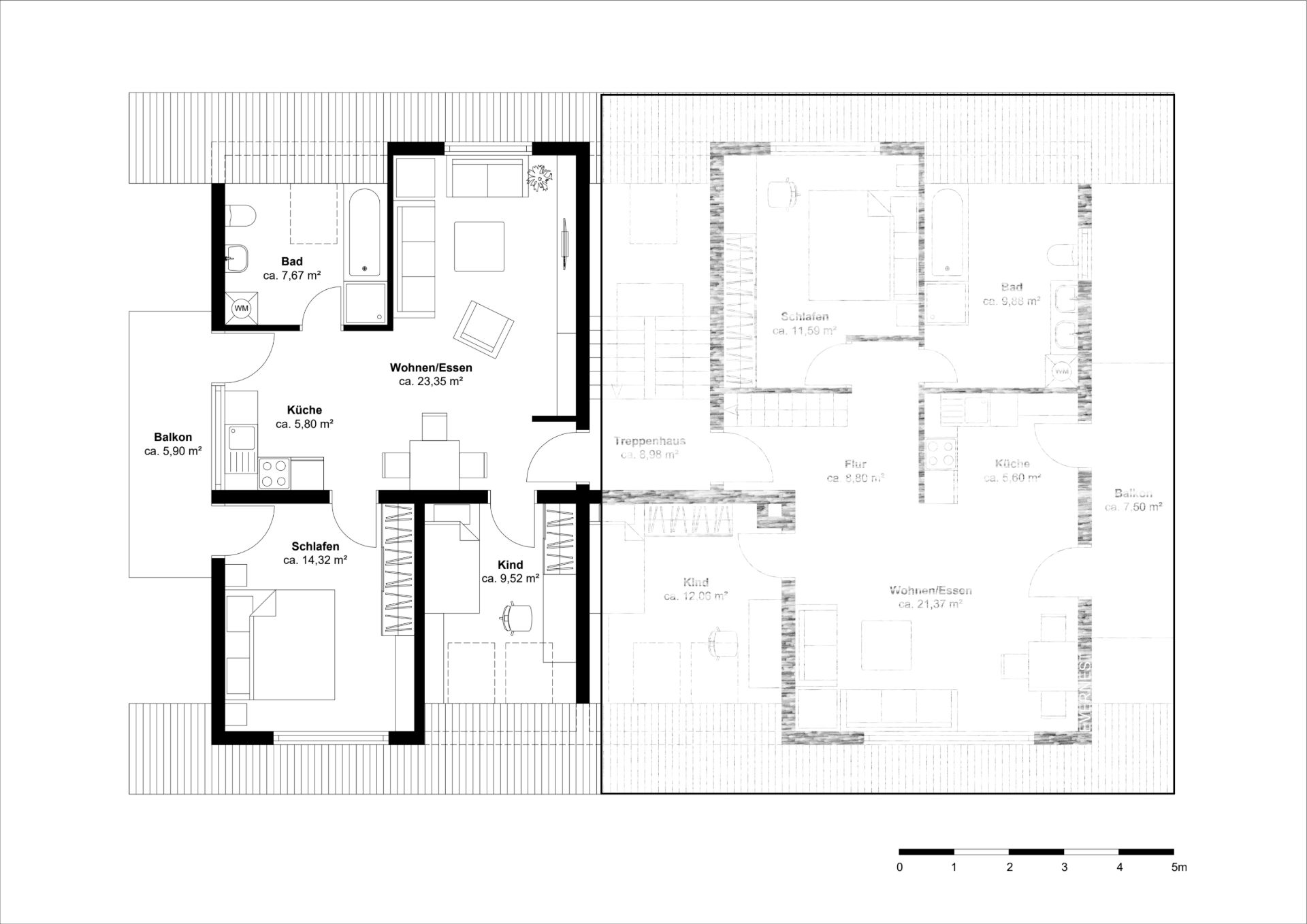 Grundriss einer Wohnung mit Wohnzimmer, Küche, Bad, Schlafzimmer, Kinderzimmer und Balkon.
