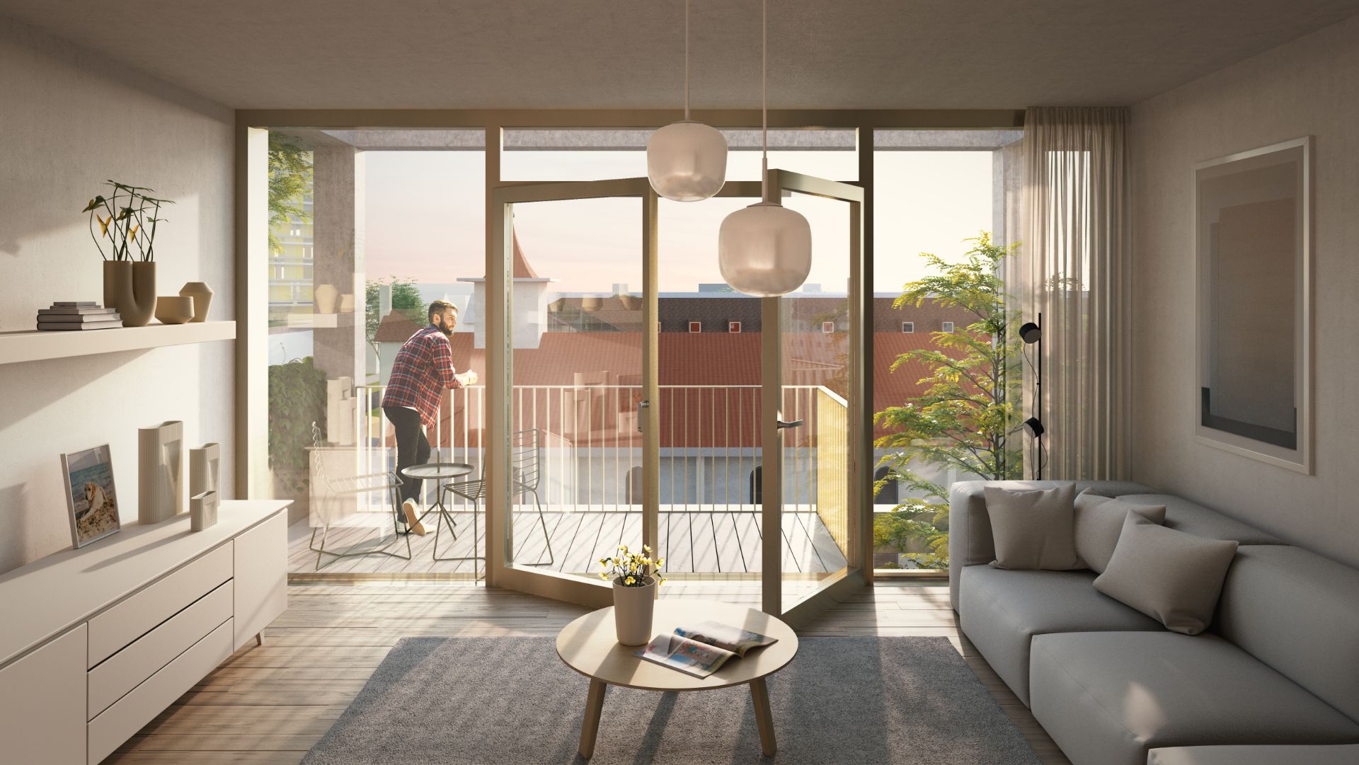 Helles Wohnzimmer mit Sofa, Couchtisch und großem Fenster zur Terrasse. Person steht auf dem Balkon.
