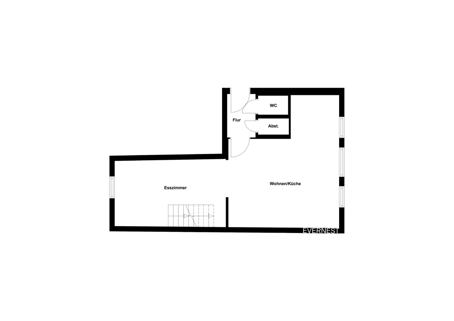 Grundriss mit Esszimmer, Wohnküche, Flur, WC und Abstellraum.