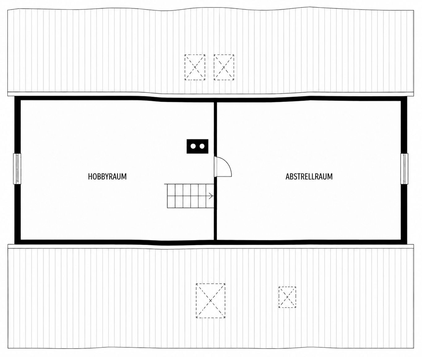 Grundriss mit zwei Räumen: Hobbyraum und Abstellraum, verbunden durch Treppe.