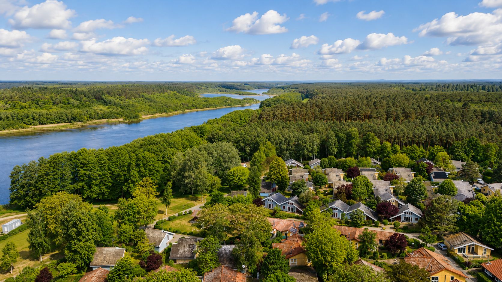 Luftaufnahme von Häusern neben einem Fluss und einem großen Waldgebiet an einem sonnigen Tag.