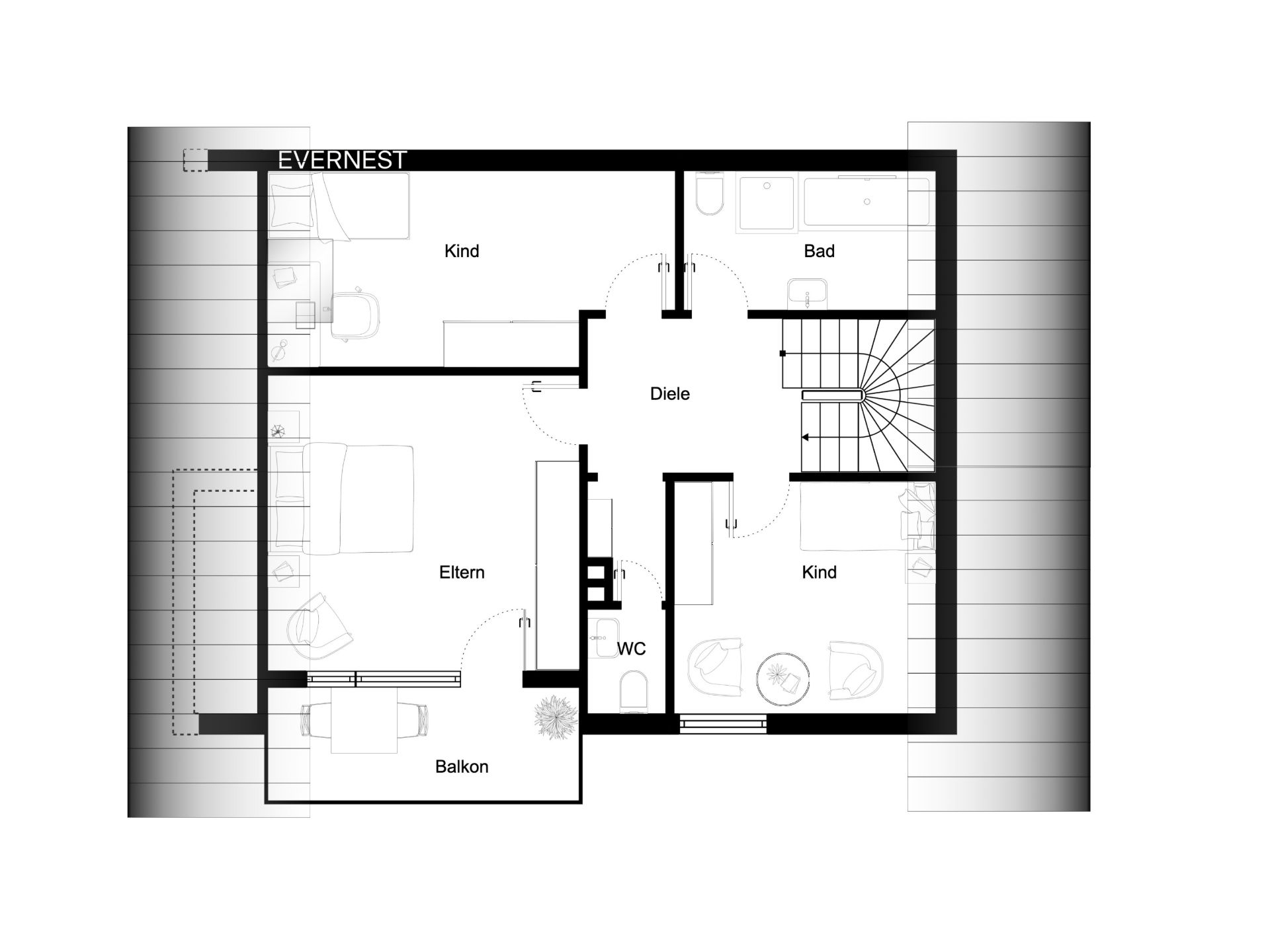 Grundriss einer Wohnung mit drei Schlafzimmern, Bad, WC, Diele und Balkon.