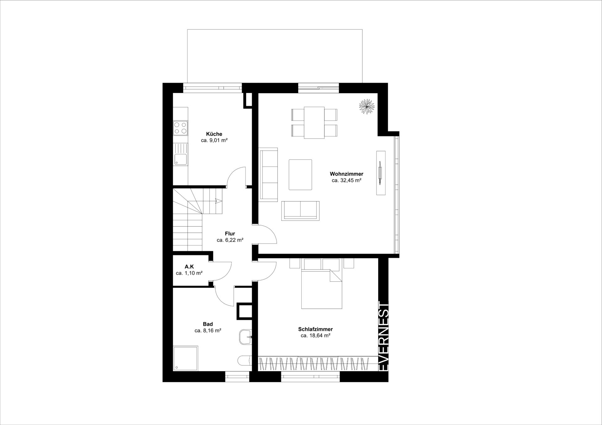 Grundriss mit Küche, Wohnzimmer, Schlafzimmer, Bad, Flur und Abstellkammer.