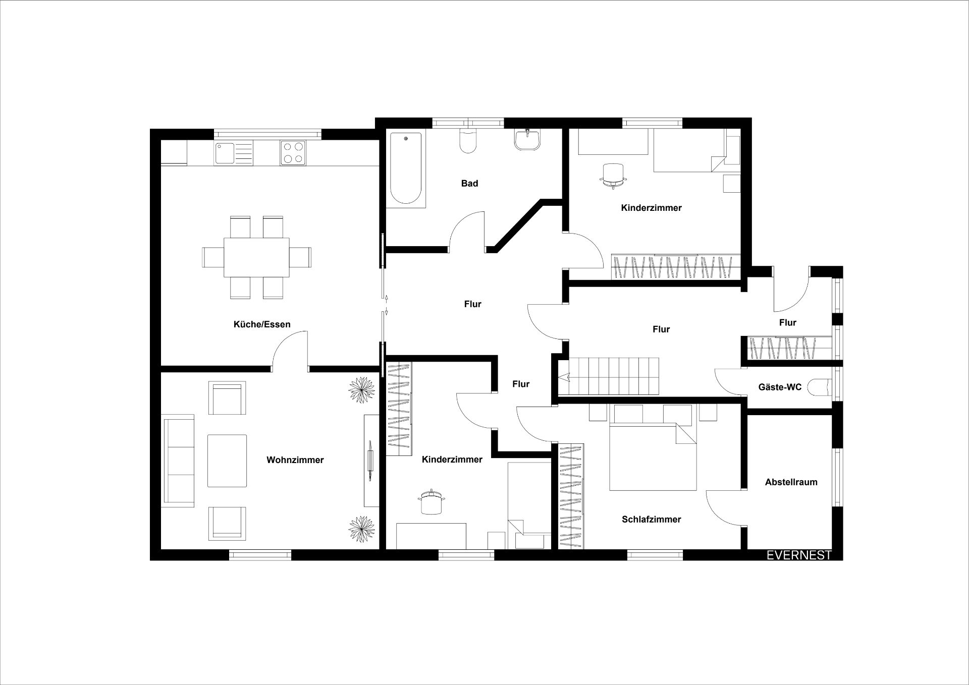 Grundriss einer Wohnung mit Wohnzimmer, Küche, Bad, Schlafzimmer und Kinderzimmern.