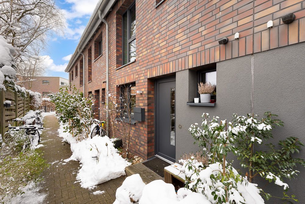 Moderne Backsteinhausfassade mit grauer Tür, Pflanzen und Schnee im Eingangsbereich.