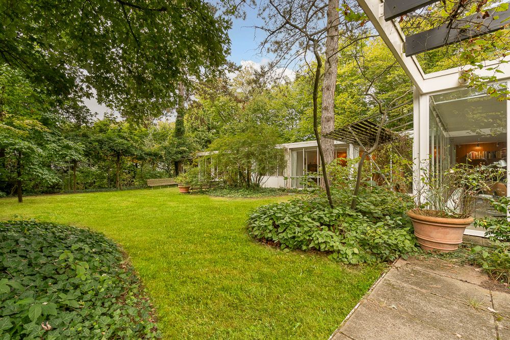 Grüner Garten mit Rasen, Bäumen, Sträuchern und Glasfassade eines Wohnhauses im Hintergrund.