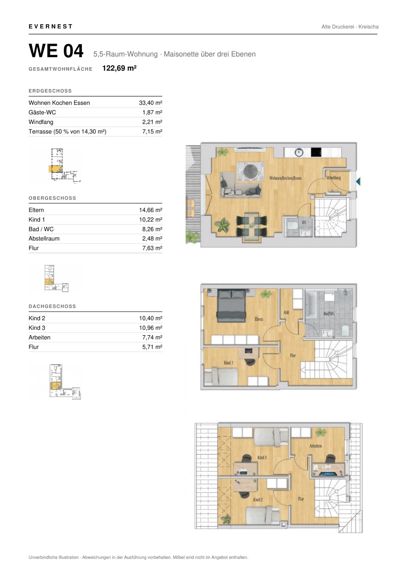 Grundriss einer dreistöckigen Wohnung mit Wohn- und Schlafbereichen, Küche, Bad und Terrasse.
