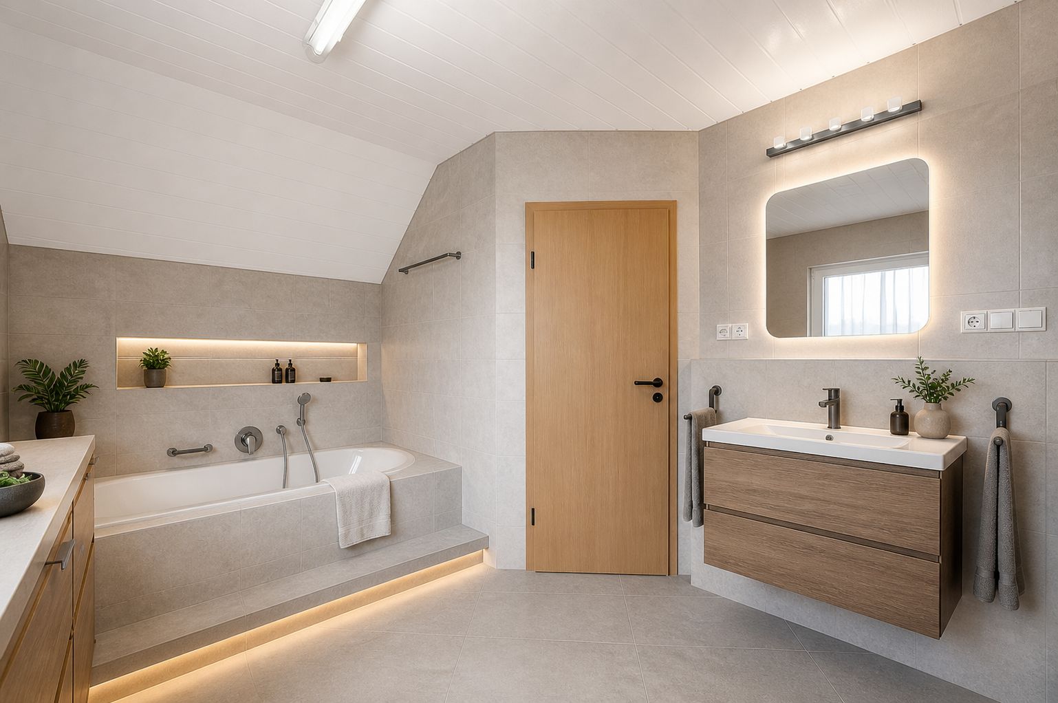 Modernes Badezimmer mit Badewanne, Holzwaschtisch, großem Spiegel und Beleuchtung, Pflanzen als Dekoration.