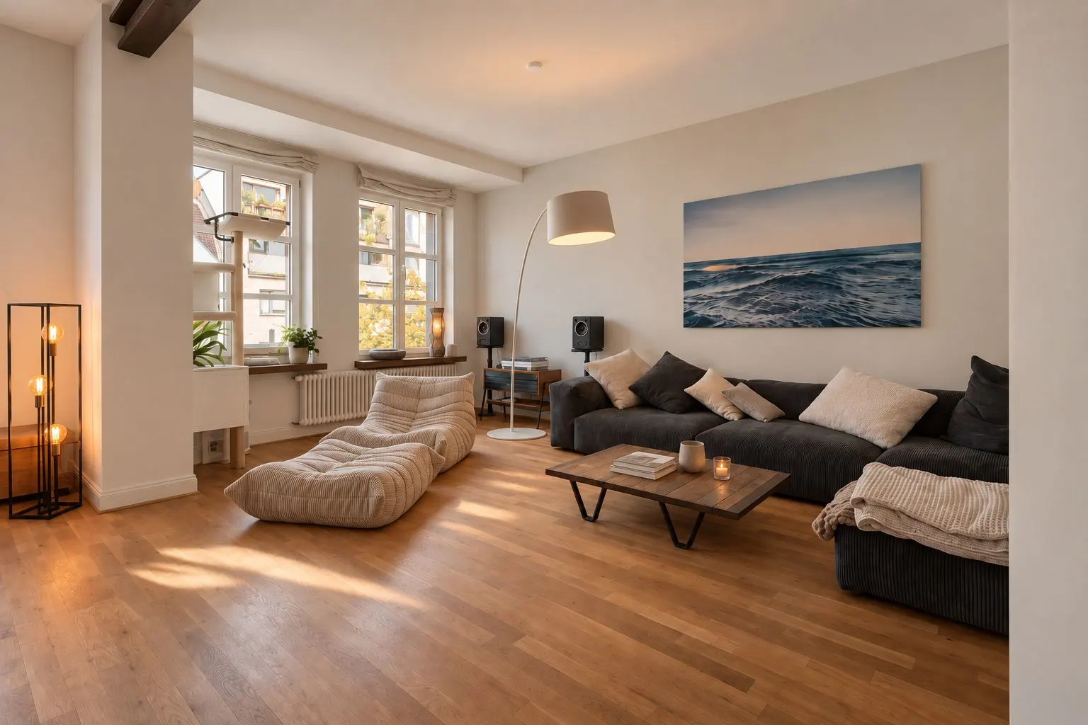 Helles Wohnzimmer mit Holzboden, Sofa, Sessel, Couchtisch und großem Fenster.