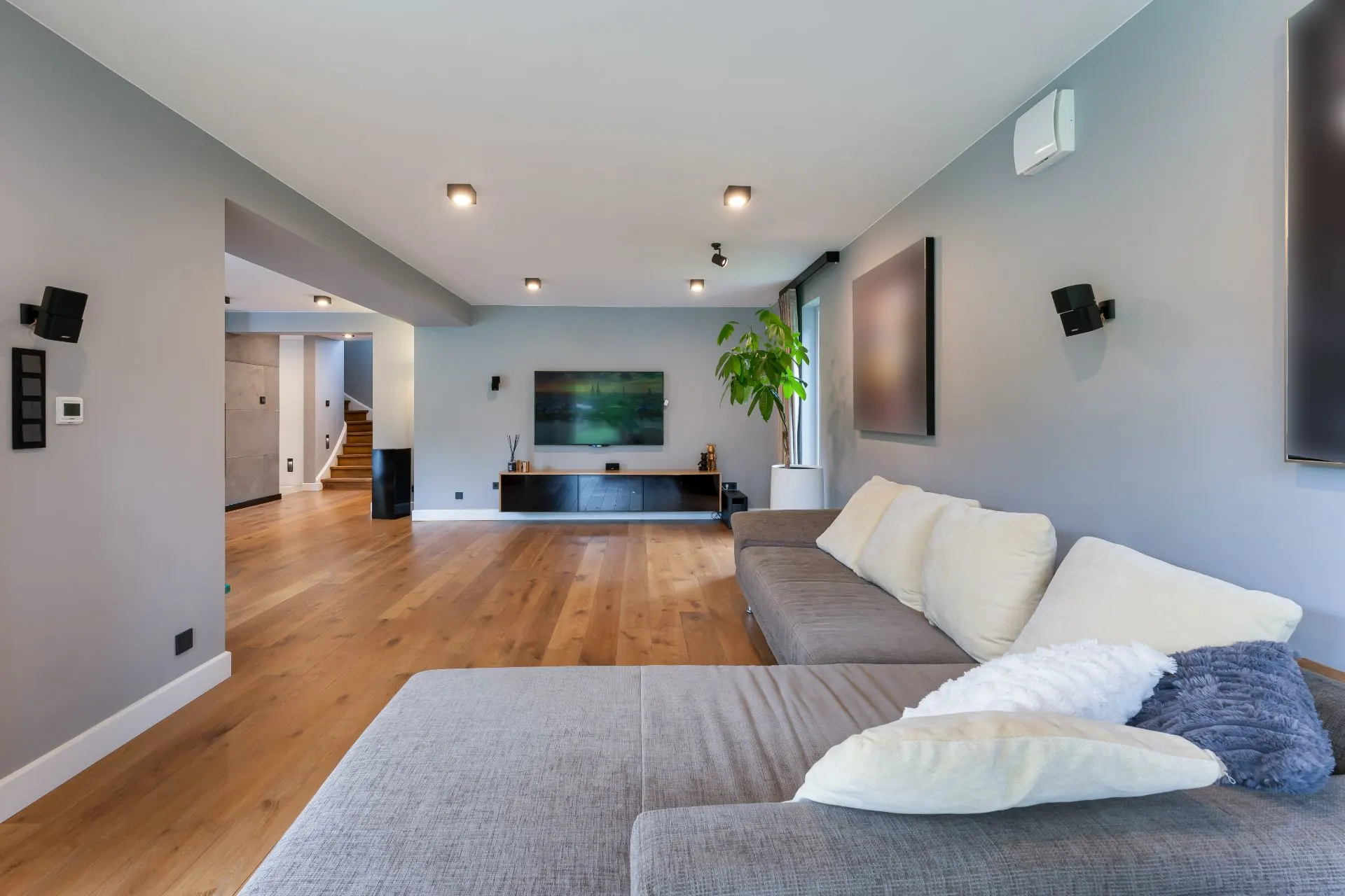 Modernes Wohnzimmer mit grauem Sofa, Holzfußboden, Wandfernseher und Topfpflanze.