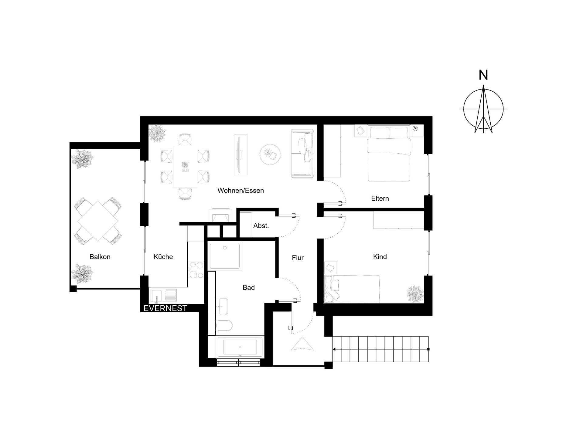 Grundriss einer Wohnung mit Wohnzimmer, Küche, Bad, Eltern-, Kinderzimmer und Balkon.