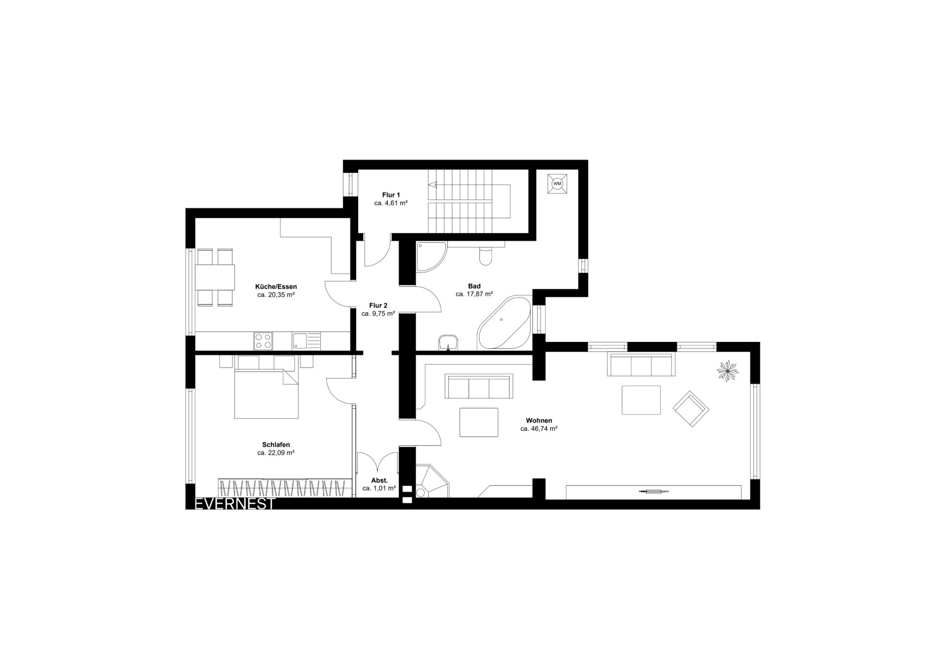 Grundriss einer Wohnung mit Wohnzimmer, Schlafzimmer, Küche und Bad.