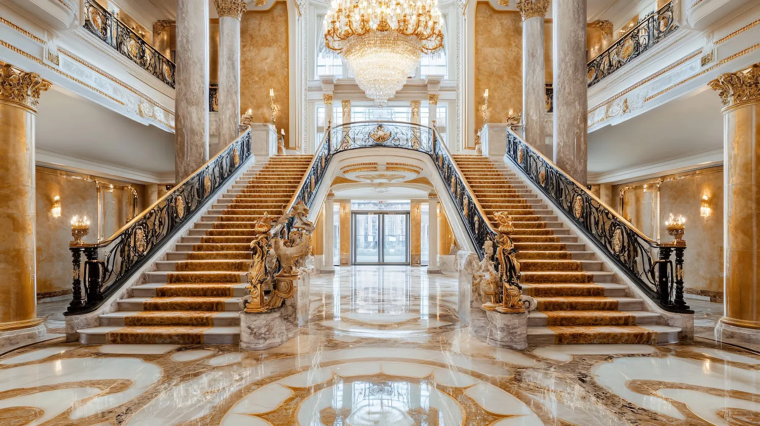 Prunkvolle Eingangshalle mit zwei großen Treppen und einem großen Kronleuchter.