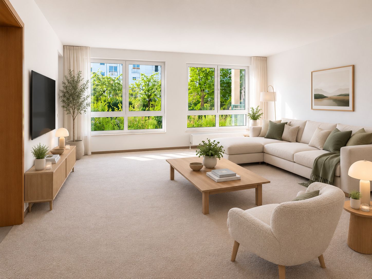 Helles Wohnzimmer mit großer Eckcouch, Couchtisch und großen Fenstern mit Blick ins Grüne.