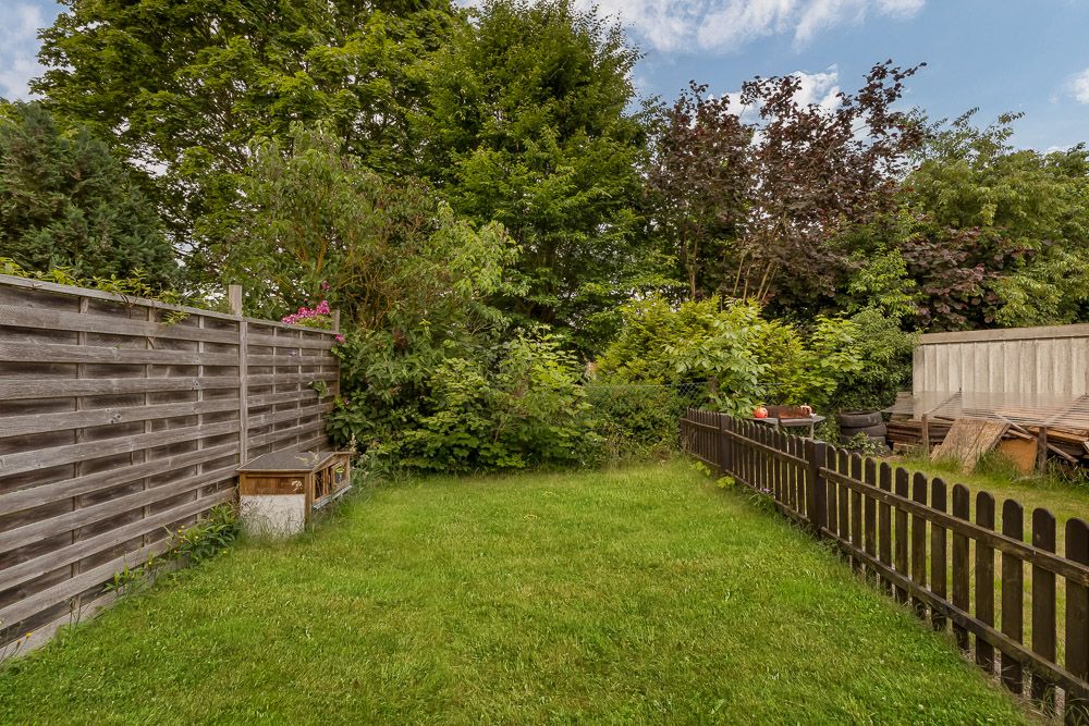 Kleiner Garten mit Holzzaun, Rasenfläche und dichter Bepflanzung im Hintergrund.