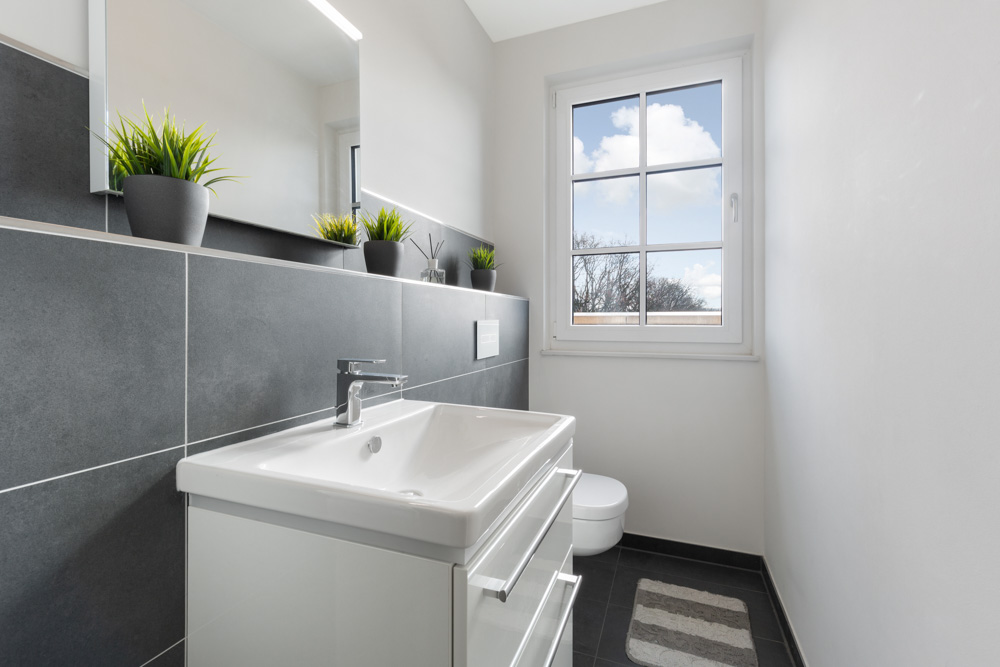 Modernes Badezimmer mit Waschbecken, Toilette, Fenster und drei grünen Pflanzen auf einer Ablage.