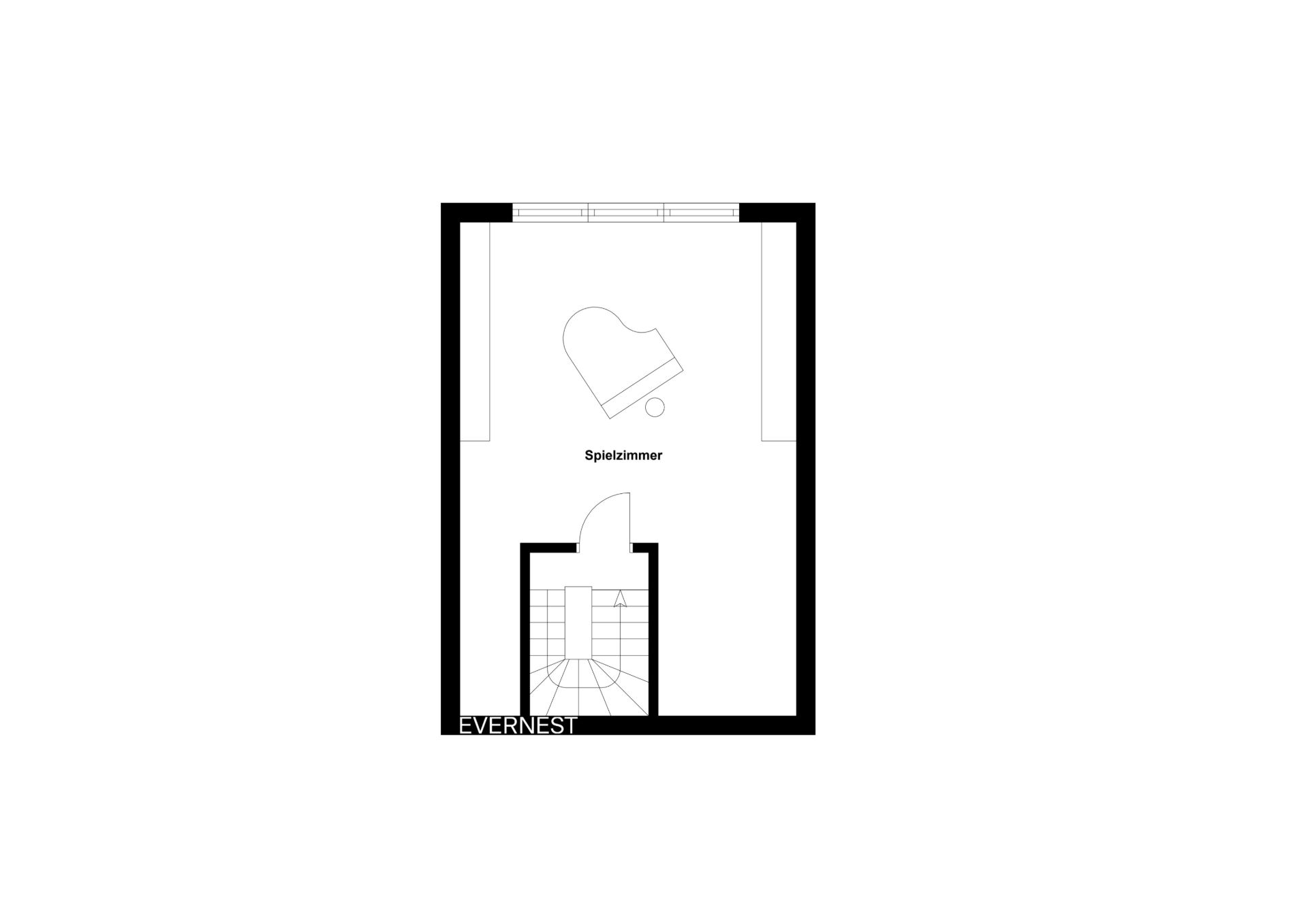 Grundriss eines Zimmers mit Flügel und Treppe, als Spielzimmer beschriftet.