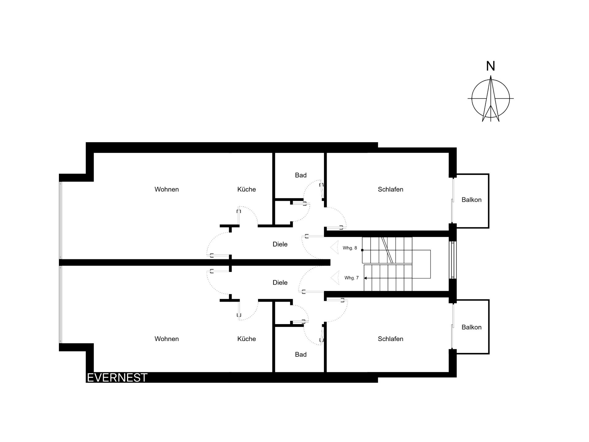 Grundriss mit zwei Wohnungen, jeweils mit Wohnzimmer, Küche, Bad, Schlafzimmer und Balkon.