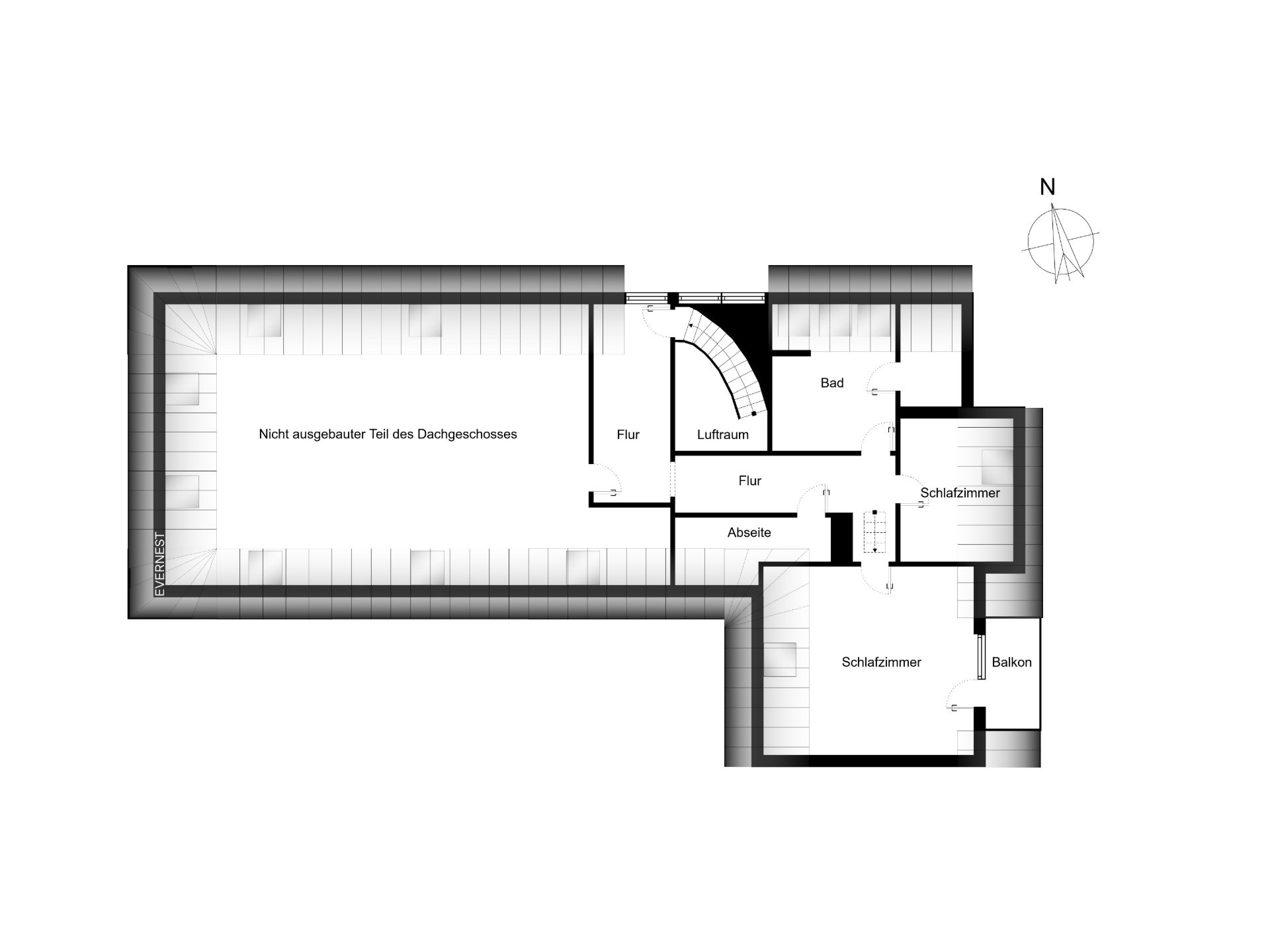 Grundriss eines Dachgeschosses mit Fluren, zwei Schlafzimmern, Bad, Abstellraum und Balkon.