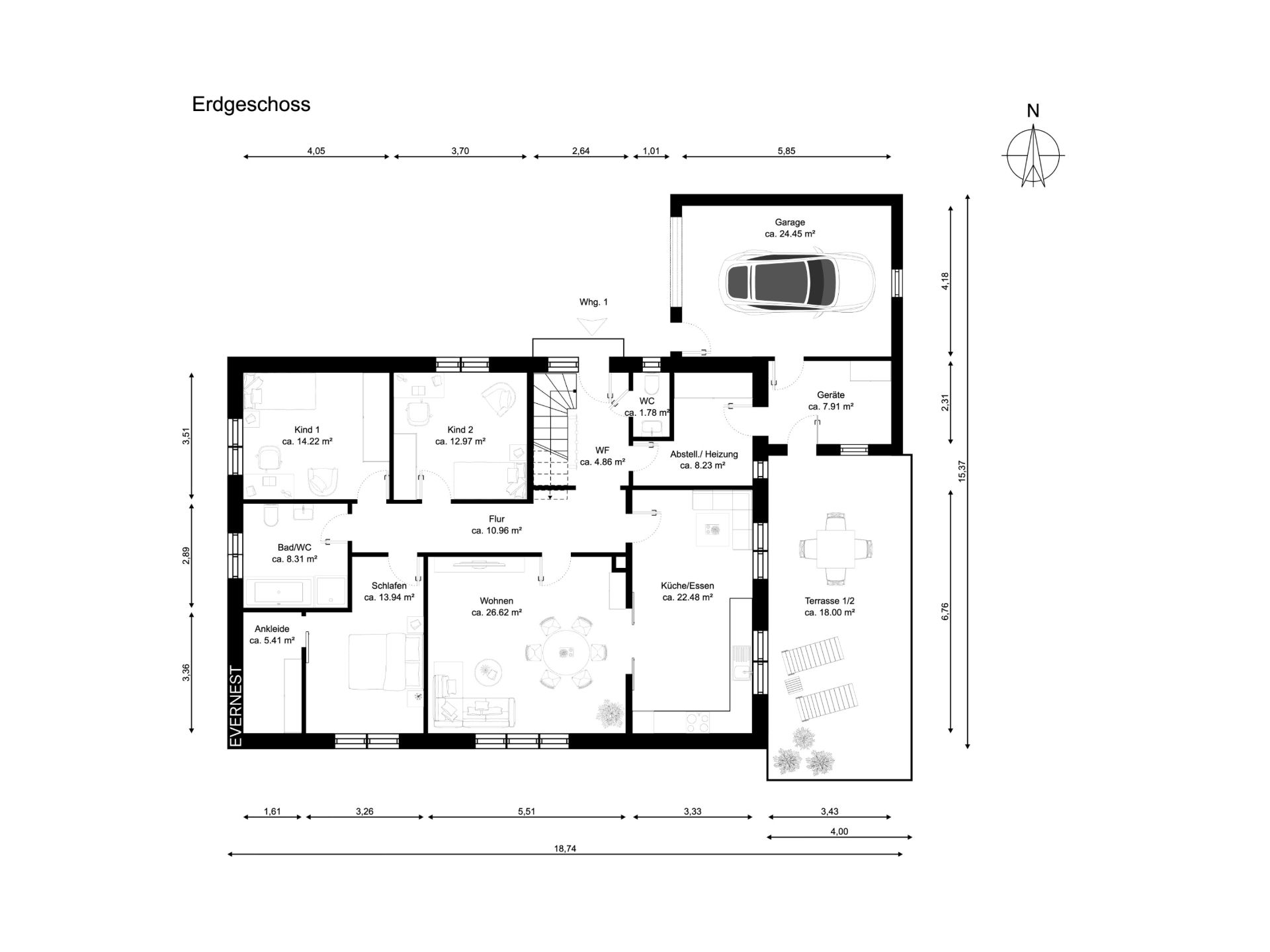 Grundriss des Erdgeschosses mit Garage, Terrasse, Wohnzimmer und mehreren Zimmern.