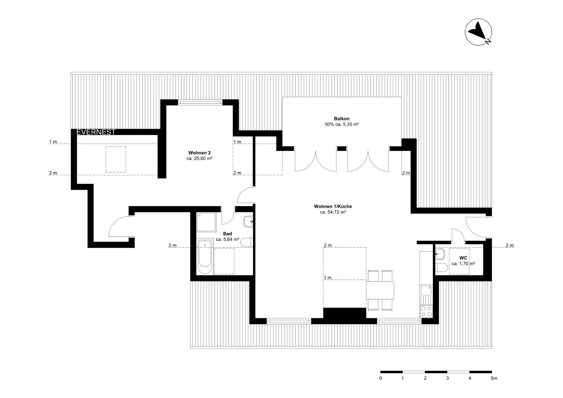 Grundriss einer Wohnung mit zwei Wohnbereichen, Küche, Bad, WC und Balkon.