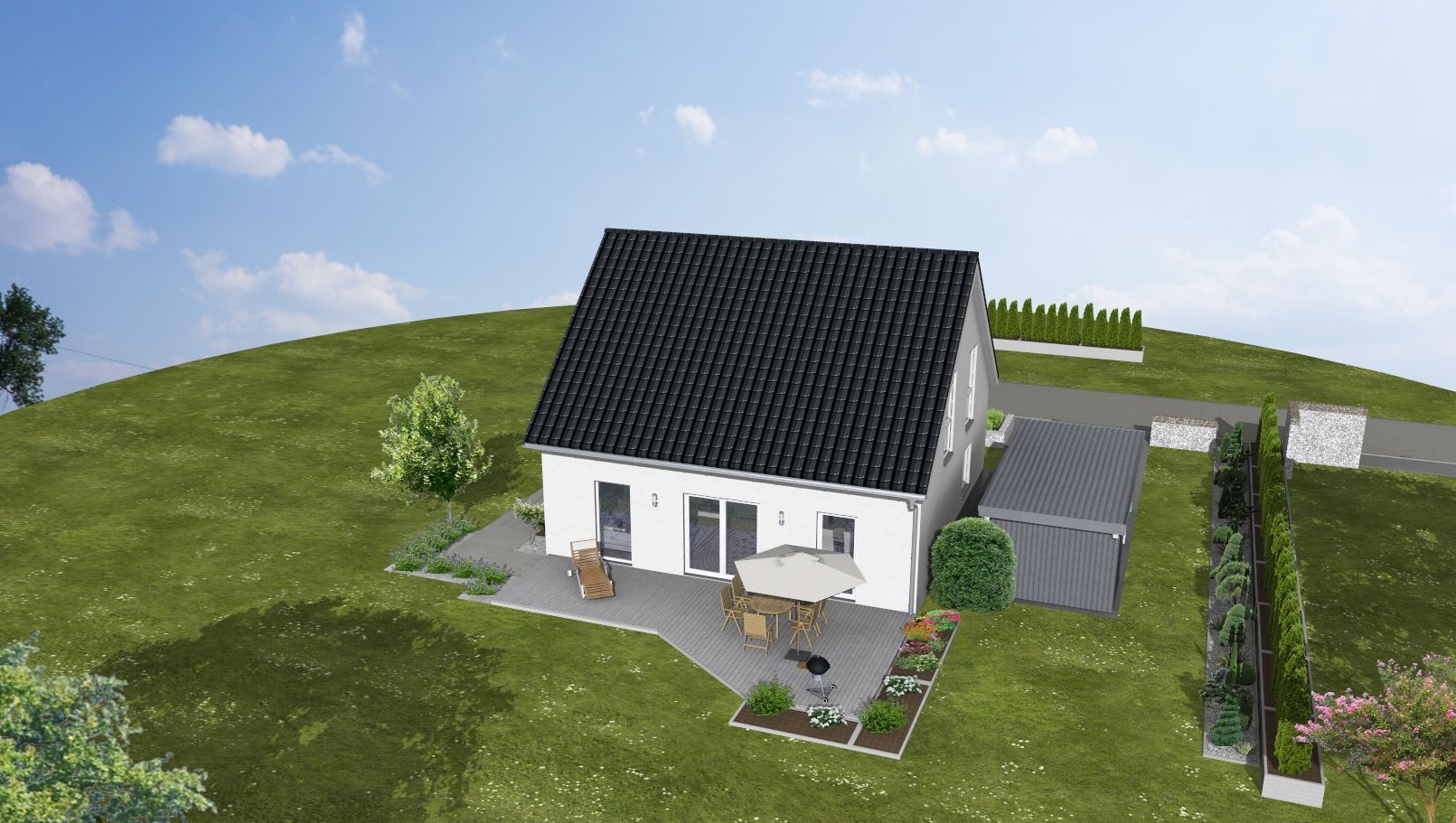 Modernes Einfamilienhaus mit Terrasse, Gartenmöbeln und Garten auf grünem Rasen.