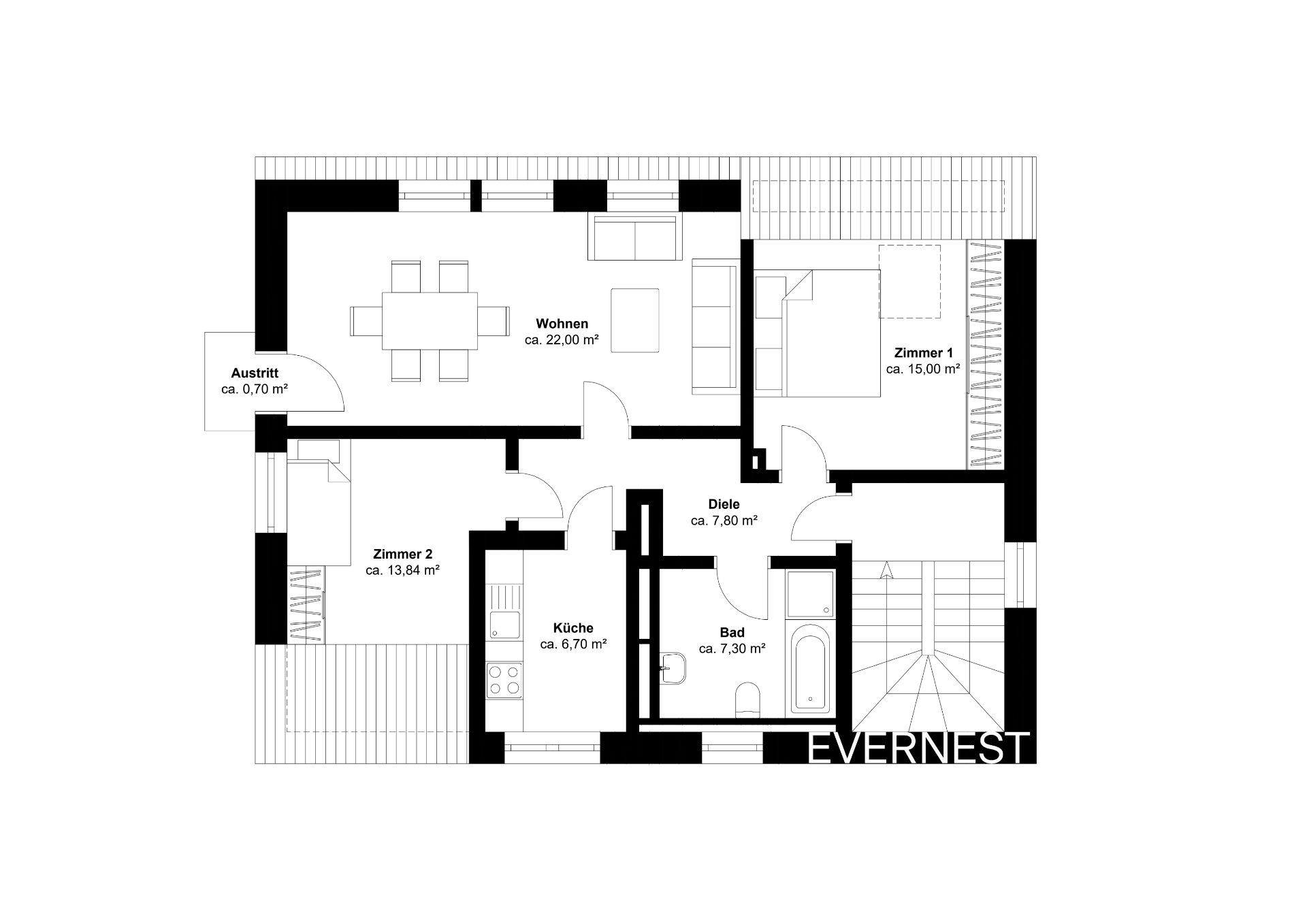 Grundriss einer Wohnung mit zwei Zimmern, Wohnzimmer, Küche, Bad, Diele und Austritt.